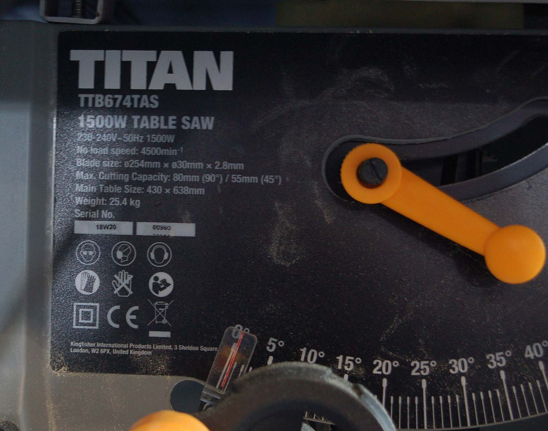 A TITAN TTB674 TAS 1500W 240V AC Table Saw with fitted Blade Guard, Extraction Hose and Adjustable - Image 2 of 2