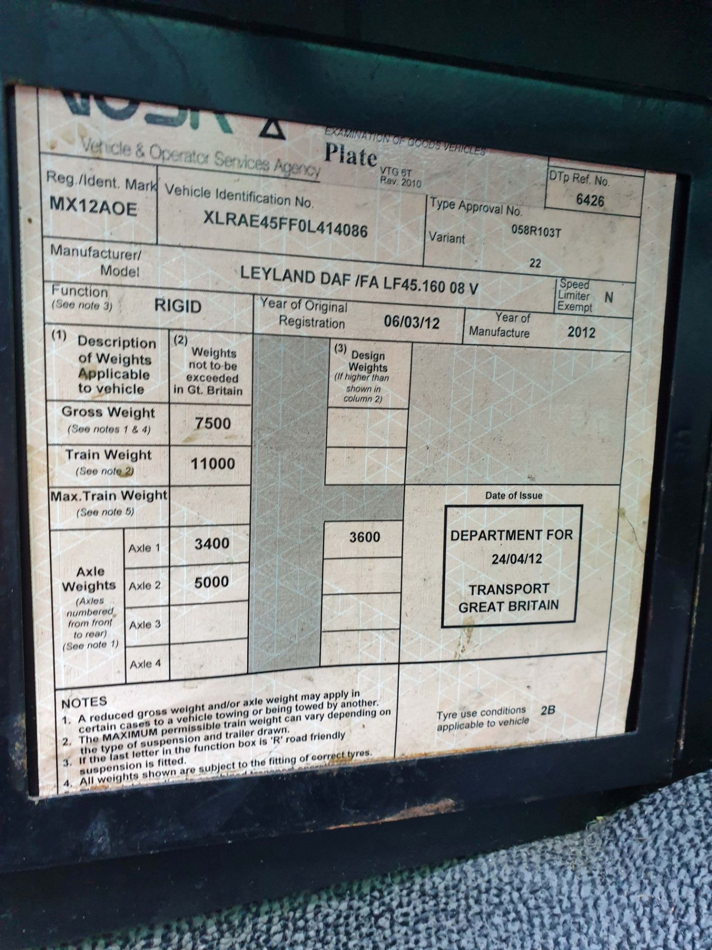 A LEYLAND DAF FA LF45.160 08 V 4461cc Euro5 4x2 7.5-Tonne Curtainside Truck, Registration No. MX12 - Image 7 of 9