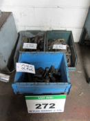 A Large Quantity of Assorted Tool Steel, Cutters and Tool Mounts in Three Plastic Tote Bins