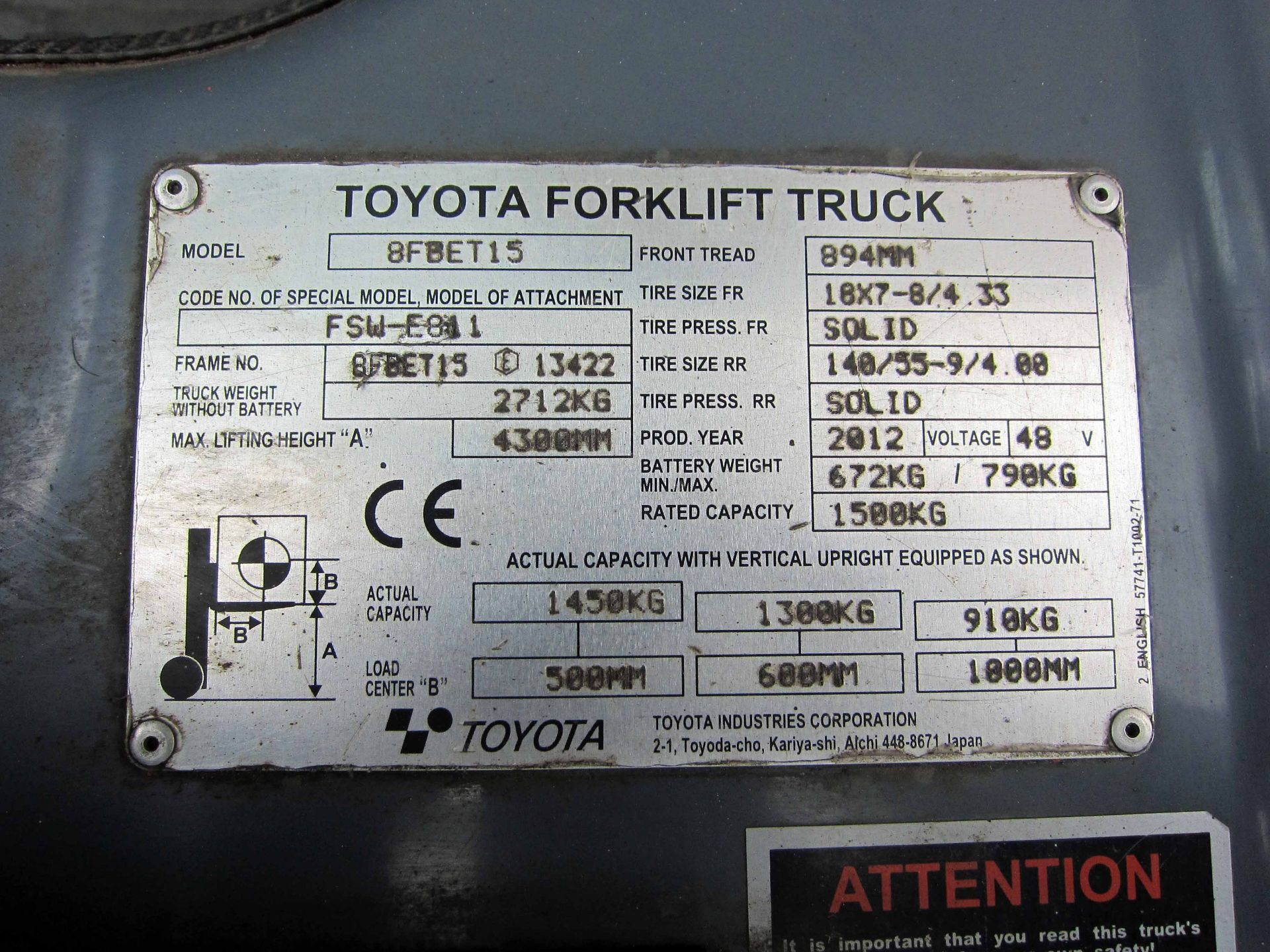A TOYOTA Traigo 48 15 Model 8FBET15 Spec. FSW-EO11, Battery Electric Forklift Truck, 1500Kg capacity - Image 9 of 12