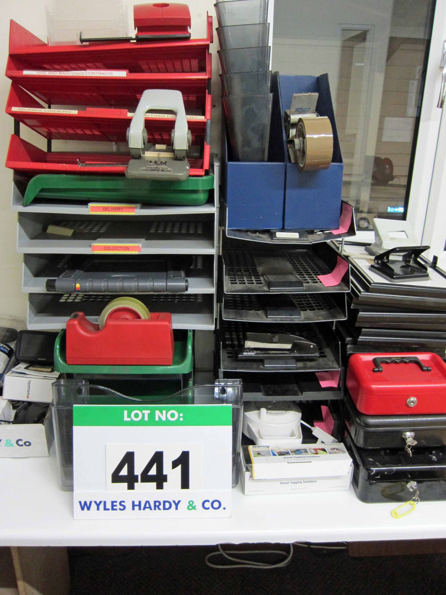 A Quantity of Office Sundries including Letter Trays, Cash Tins, Certificate Picture Frames, Hole