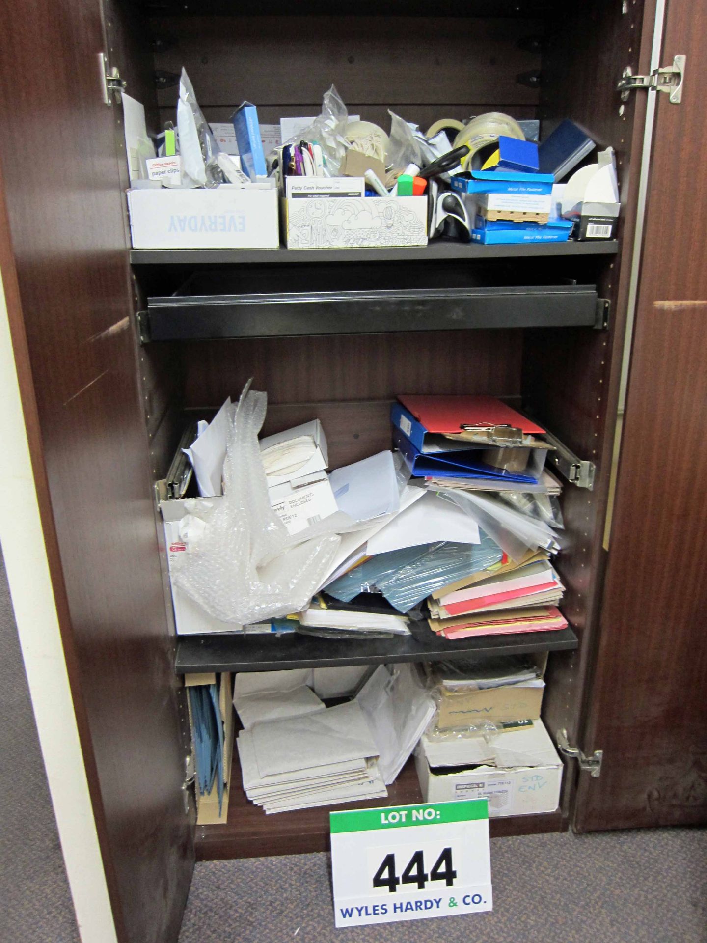 A 790mm x 540mm x 1650mm Dark Sapele Veneer Double Door Stationery Cupboard and Contents (As - Image 2 of 4