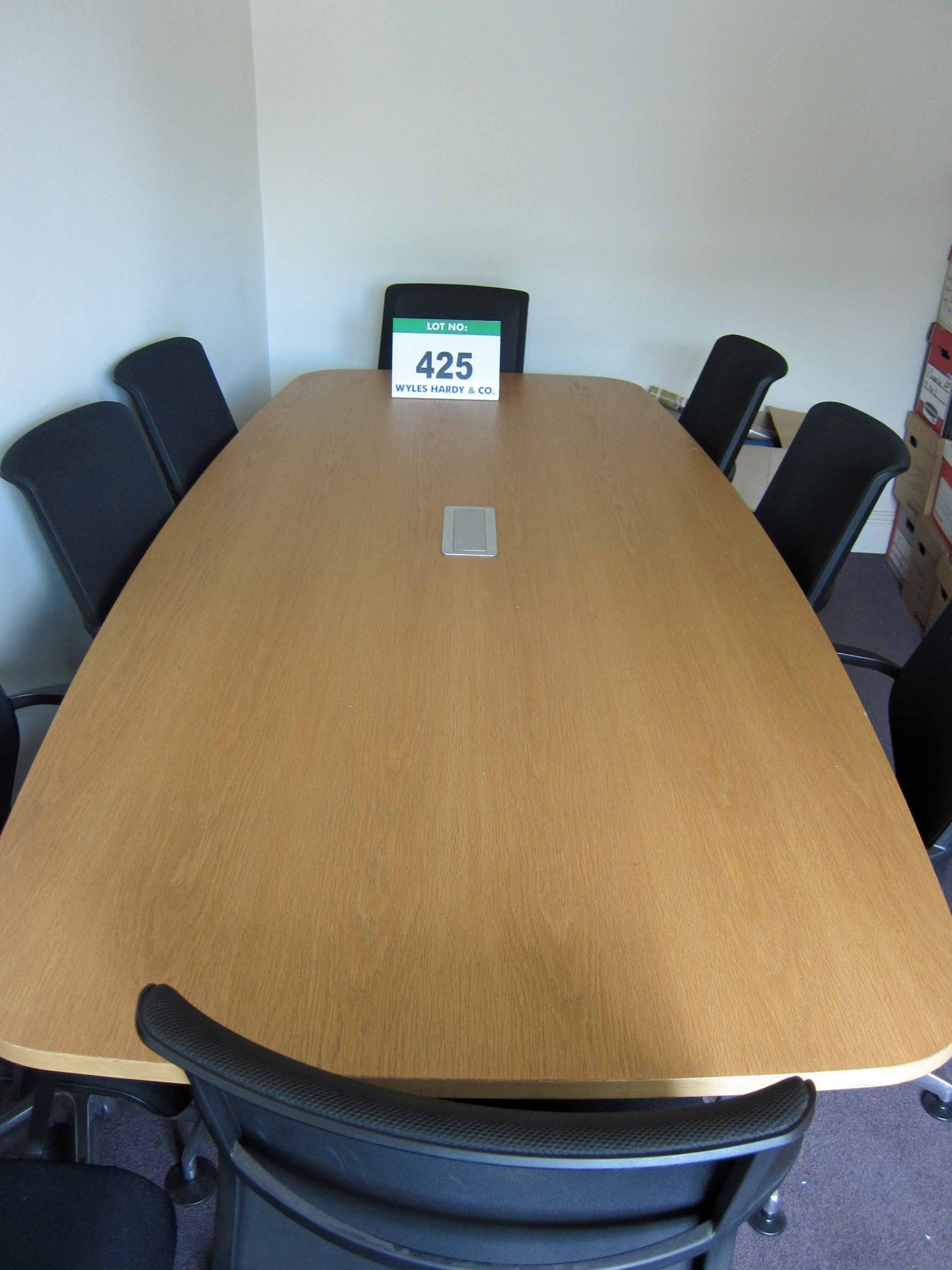 A 2600mm x 1200mm x 720mm Oak Veneer Meetings Table on Chrome Under Frame, with Cable and Power