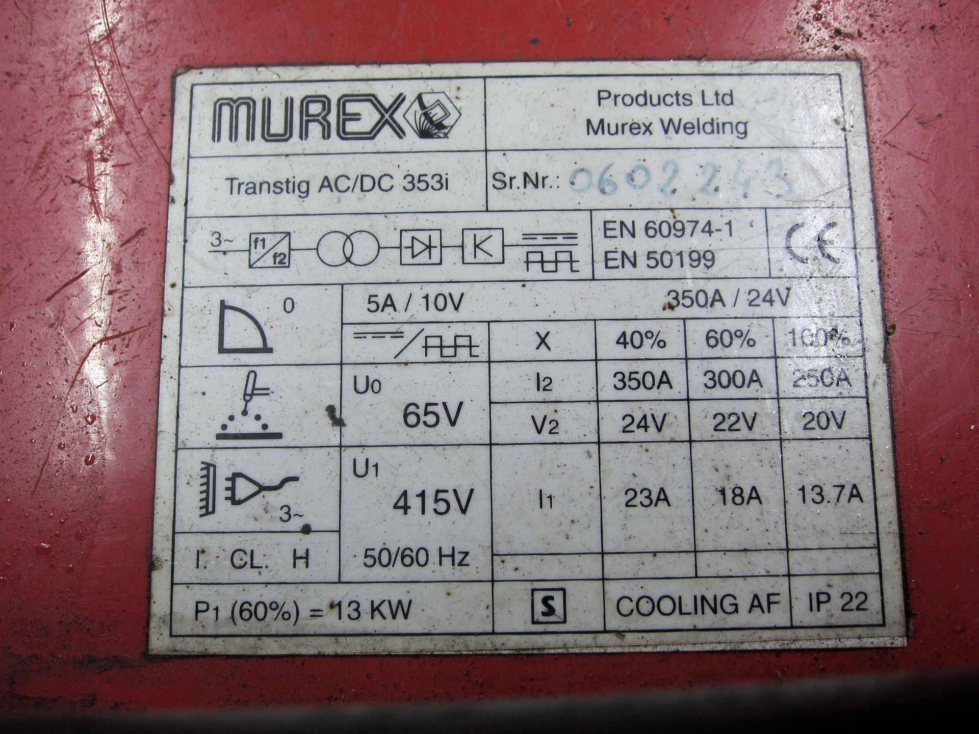 A MUREX Model Transtig AC/DC 353i Tig Welder, Serial No. 0602243, complete with MUREX Model TWCU, - Bild 7 aus 9