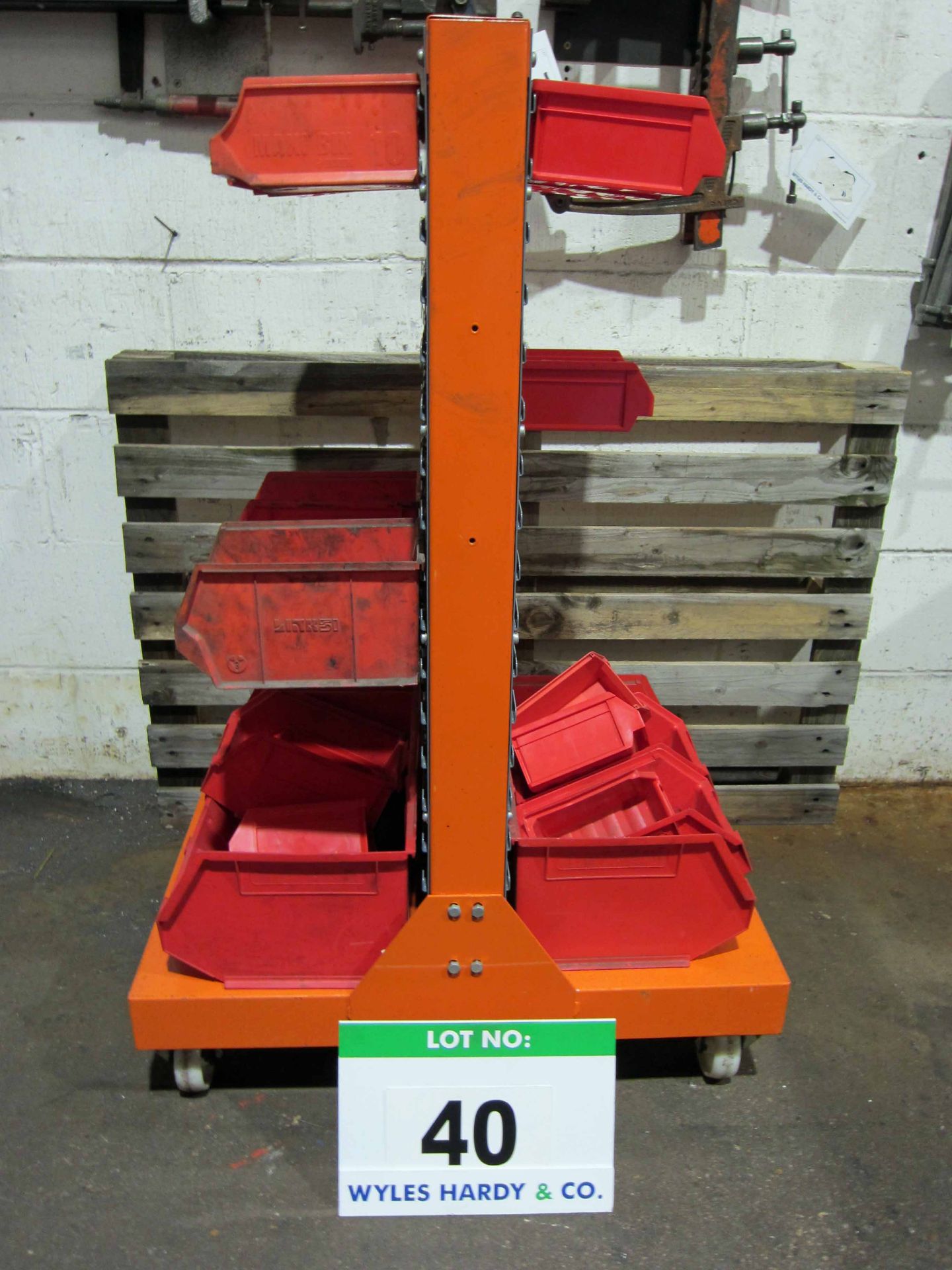 A 370mm x 750mm x 1170mm Wheeled Trolley with fitted Multi-Bin Rack and A Quantity of Multi Bins