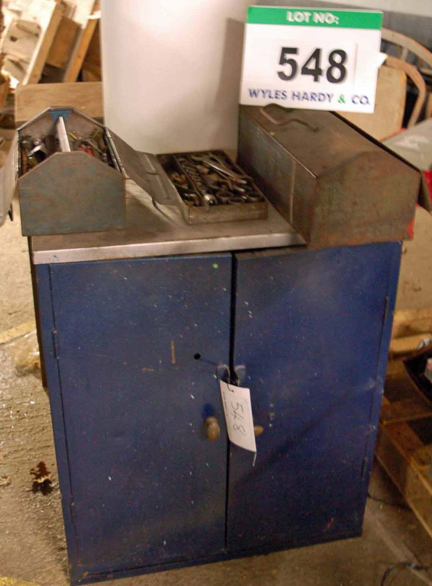 A Blue Steel Double Door Tool Cabinet with fitted Internal Shelf and Contents of A Quantity of