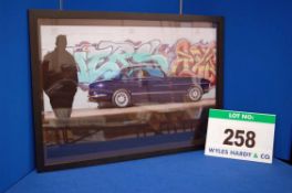 A Framed and Glazed Colour Promotional Photograph of a Bristol 411 Parked against a Grafittied Wall