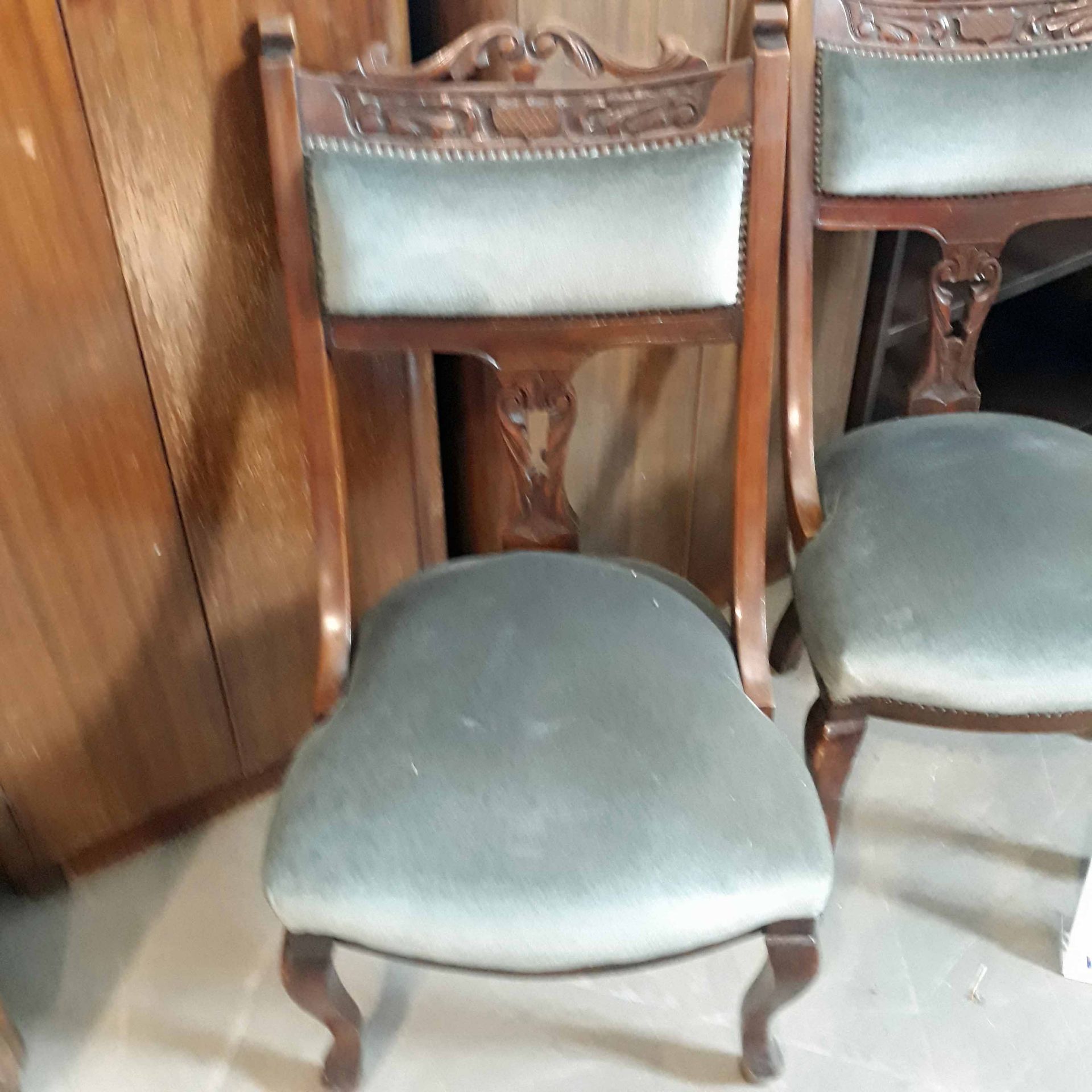 Four Wood Framed Green Velour Upholstered Dining/Visitors Chairs (Three on Castors) - Image 3 of 4