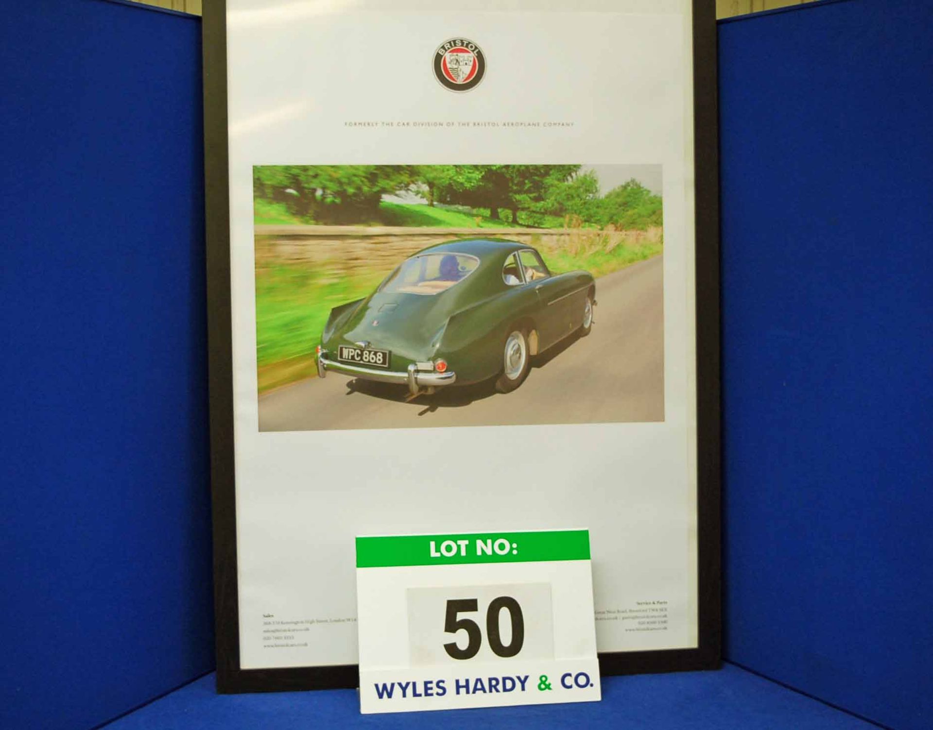 A Framed and Glazed Promotional Poster depicting WPC 868, A Green Bristol 404