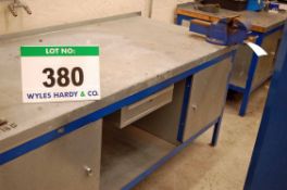 A 2M x 900mm Steel Framed Workbench with fitted Single Door Cupboard to each End, Lower Shelf,