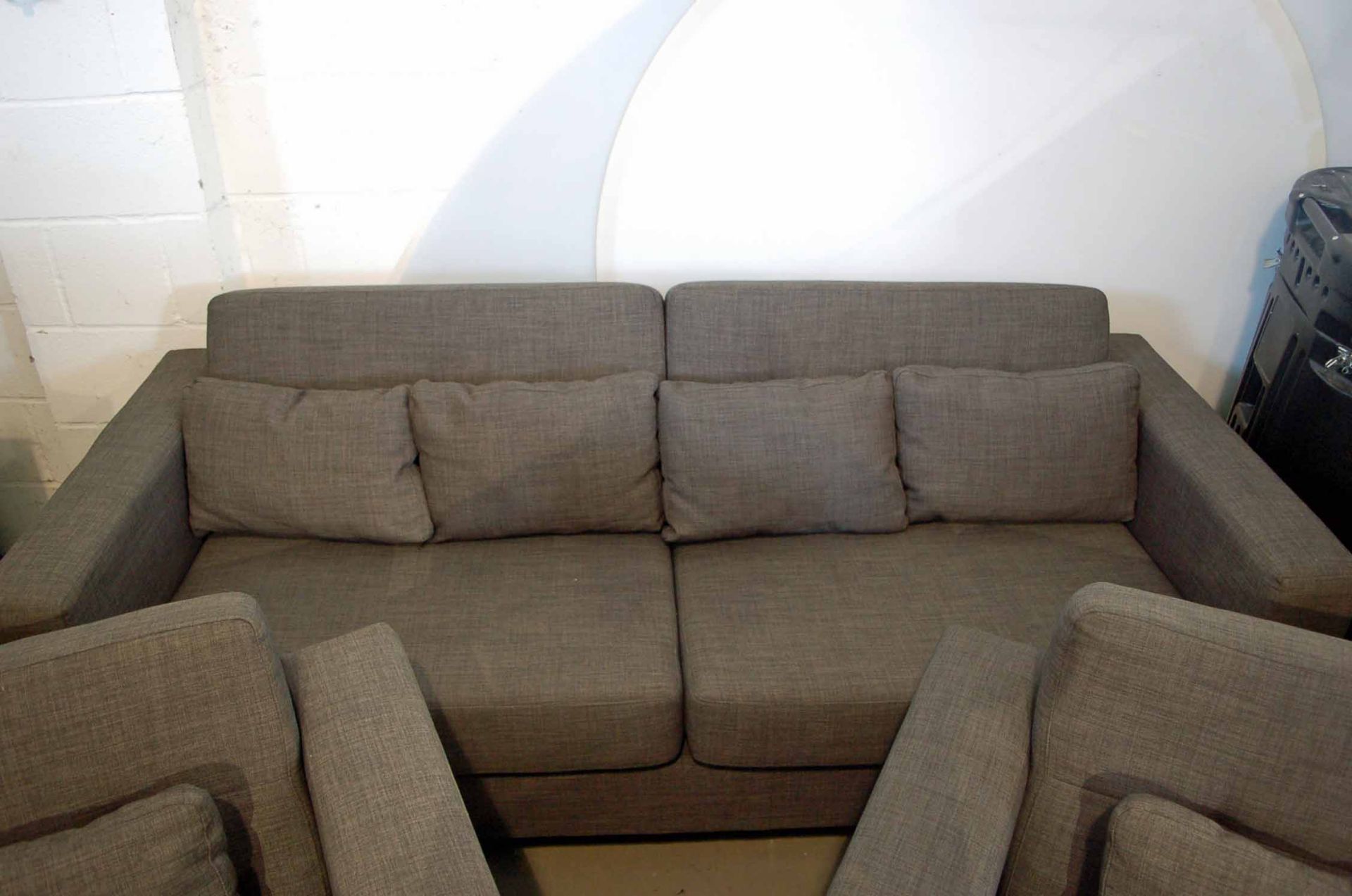 A Charcoal Fabric Upholstered Slab Ended Reception Seating Set comprising Two Armchairs and matching - Image 2 of 4