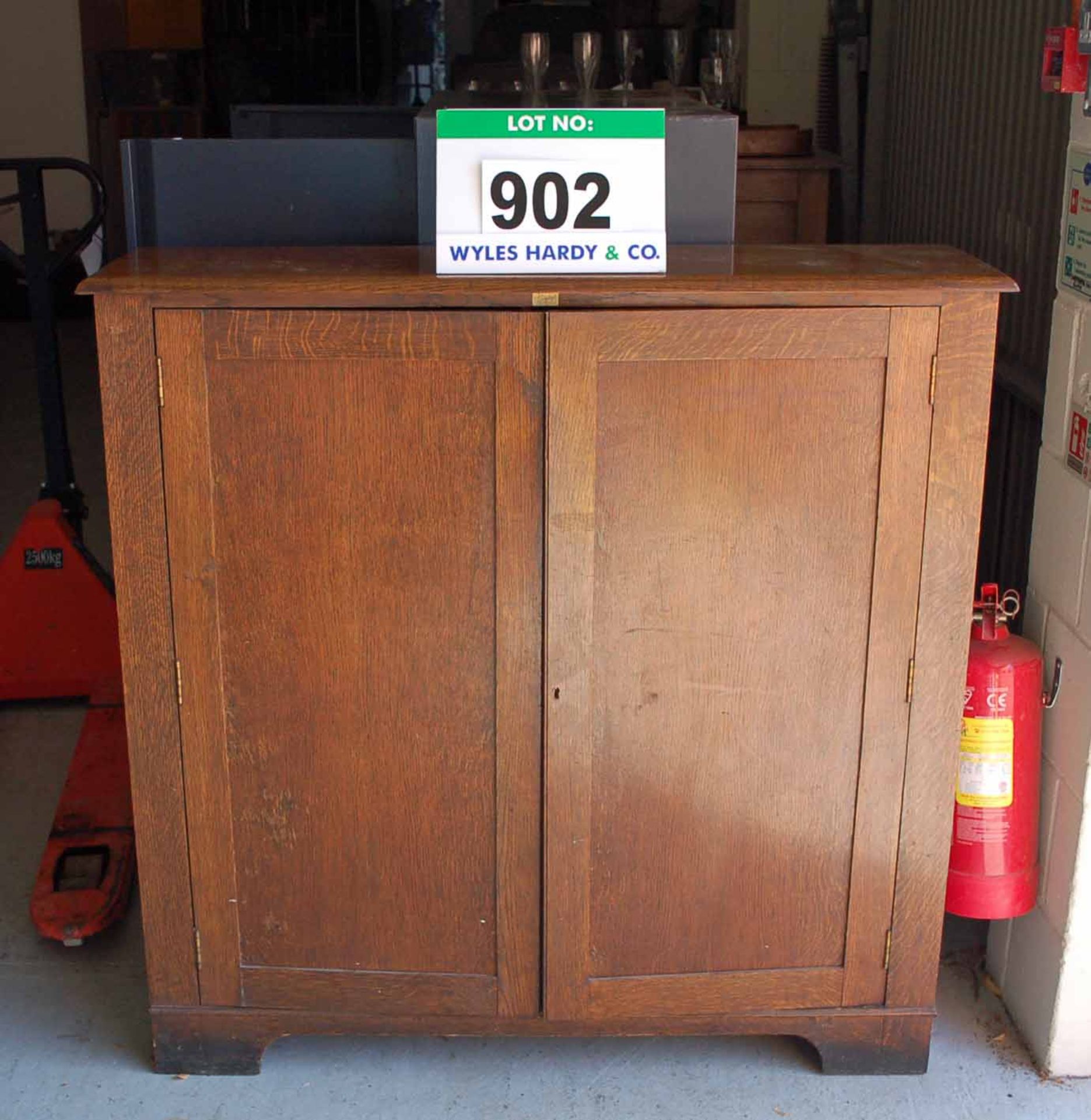 An EDGLEYS Solid Oak Mid Height Double Door Storage Cupboard 122cm x 122cm x 32cm with Two Fitted In