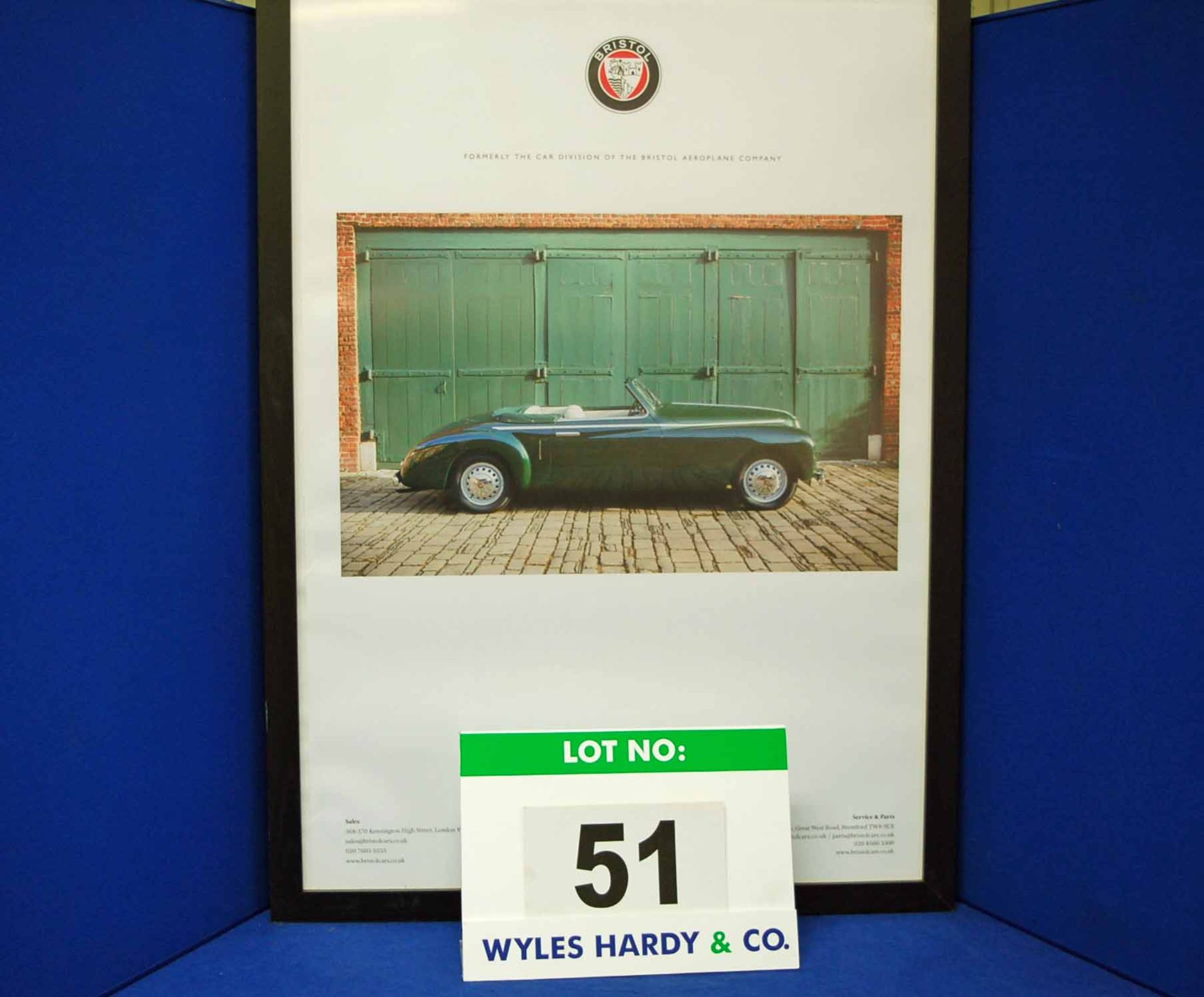 A Framed and Glazed Promotional Poster depicting WPC 868, A Green Bristol 401 Drophead