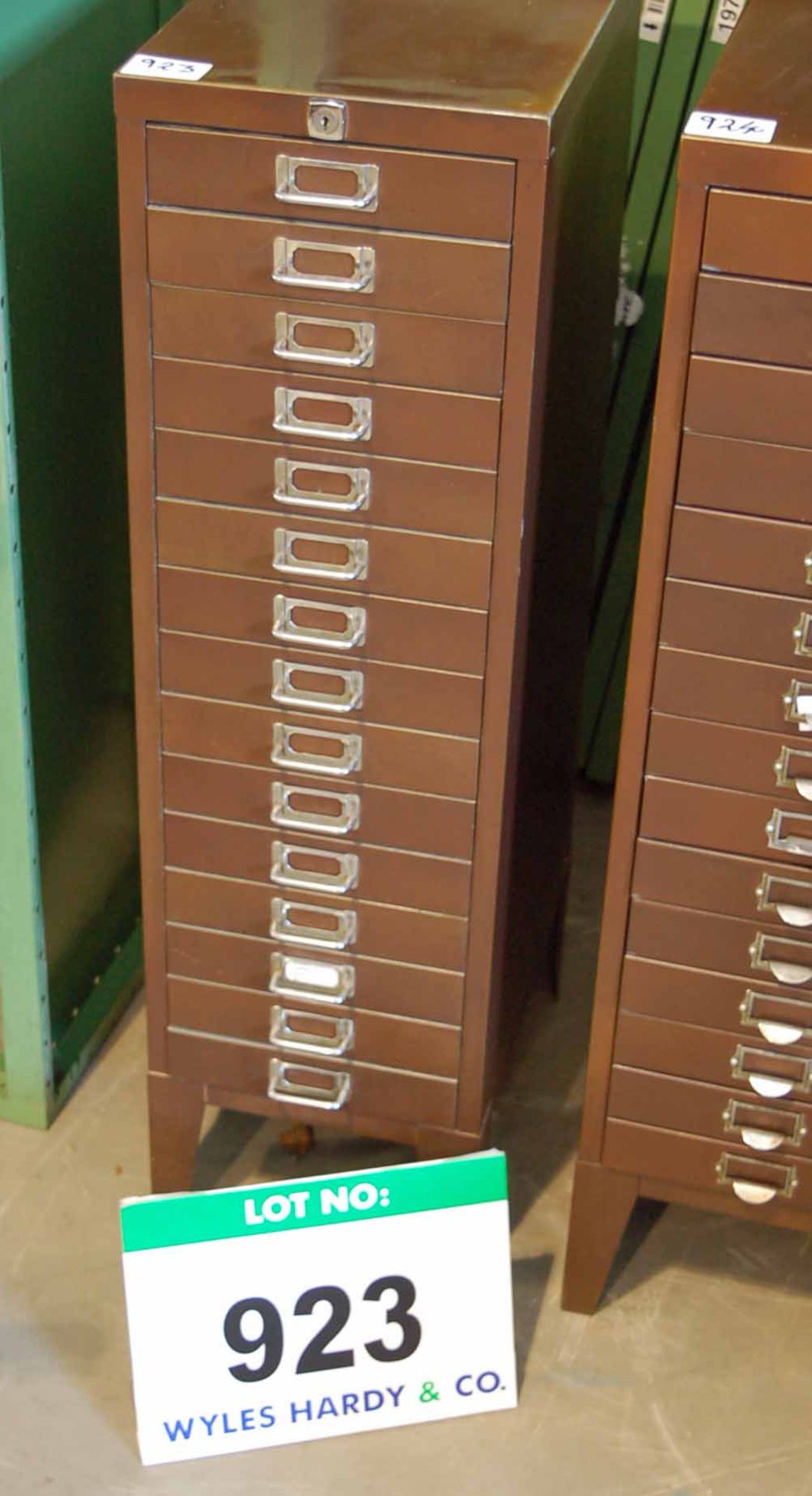 A Brown Steel 15-Drawer Forms Storage Unit