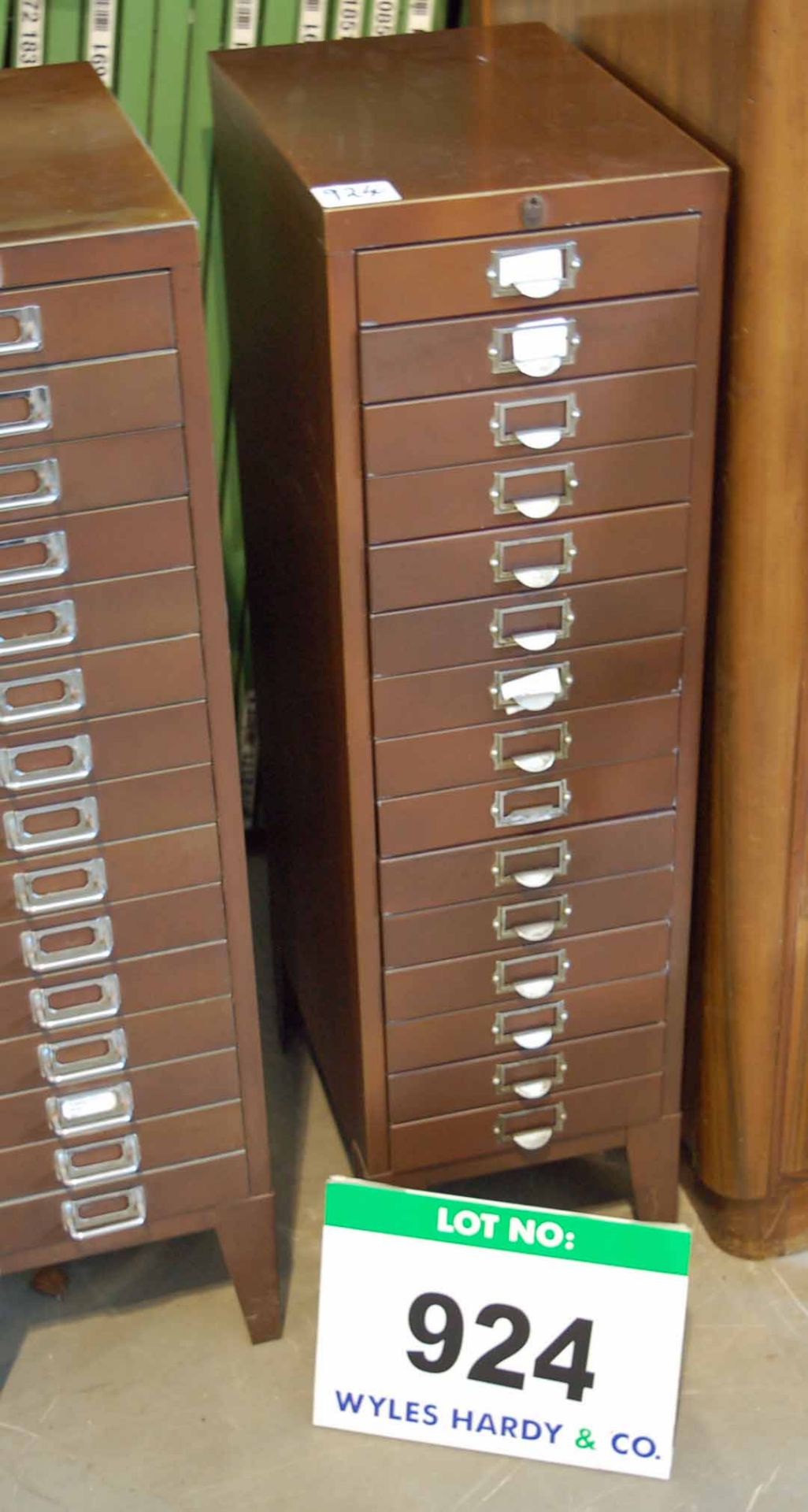 A Brown Steel 15-Drawer Forms Storage Unit
