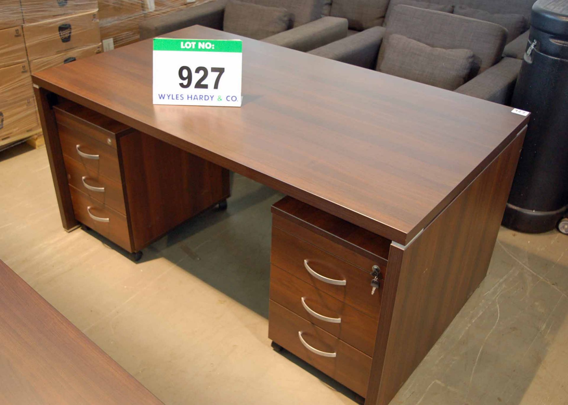 A Mahogany Veneer Slab Ended Office Table with 2 Matching Independent 3-Drawer Under Desk Pedestals