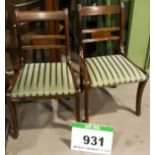 Two Dark Oak Framed Green and Silver Striped Fabric Upholstered Dining/Visitors Chairs