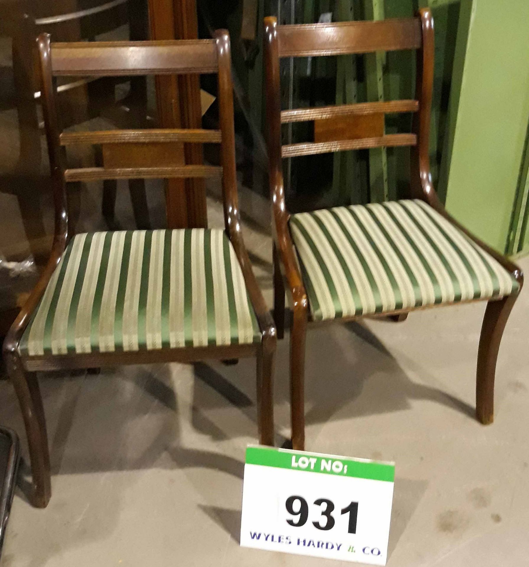 Two Dark Oak Framed Green and Silver Striped Fabric Upholstered Dining/Visitors Chairs