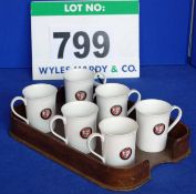 A Set of Six Bristol Roundel Branded Bone China Mugs on A Bentwood Tray