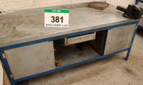 A 2M x 900mm Steel Framed Workbench with fitted Single Door Cupboard to each End, Lower Shelf,