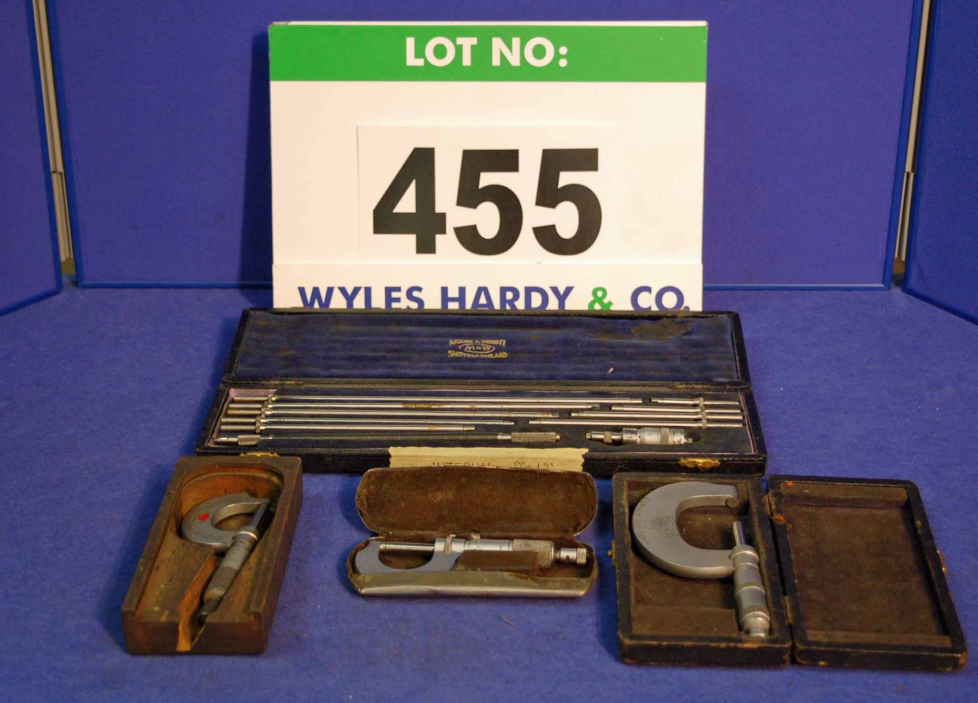 A MOORE AND WRIGHT 0-12 inch Depth Gauge in A Case, Two 0-1 inch Outside Micrometres and A 1-2