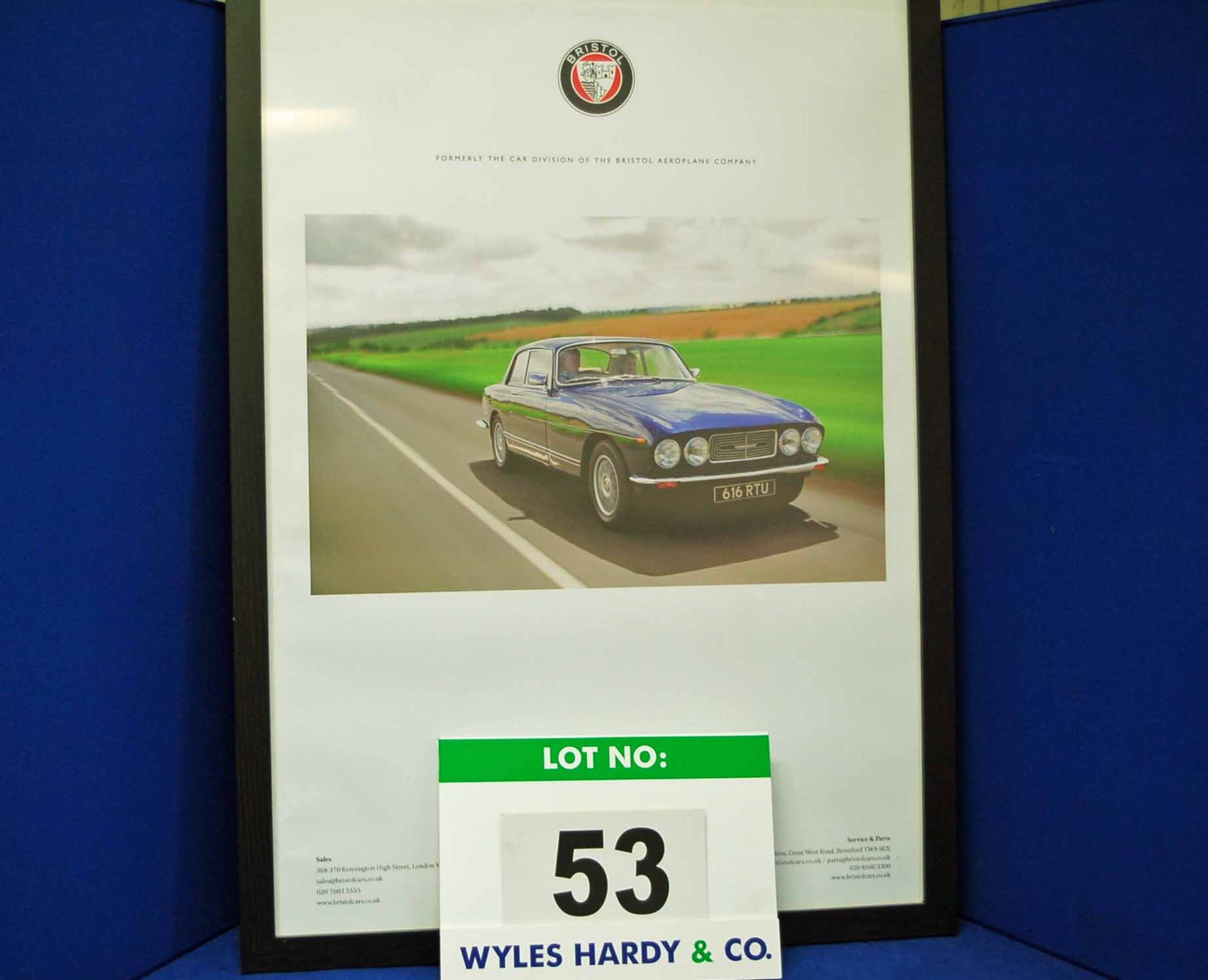 A Framed and Glazed Promotional Poster depicting 616 RTU, A Blue Bristol 411 Saloon