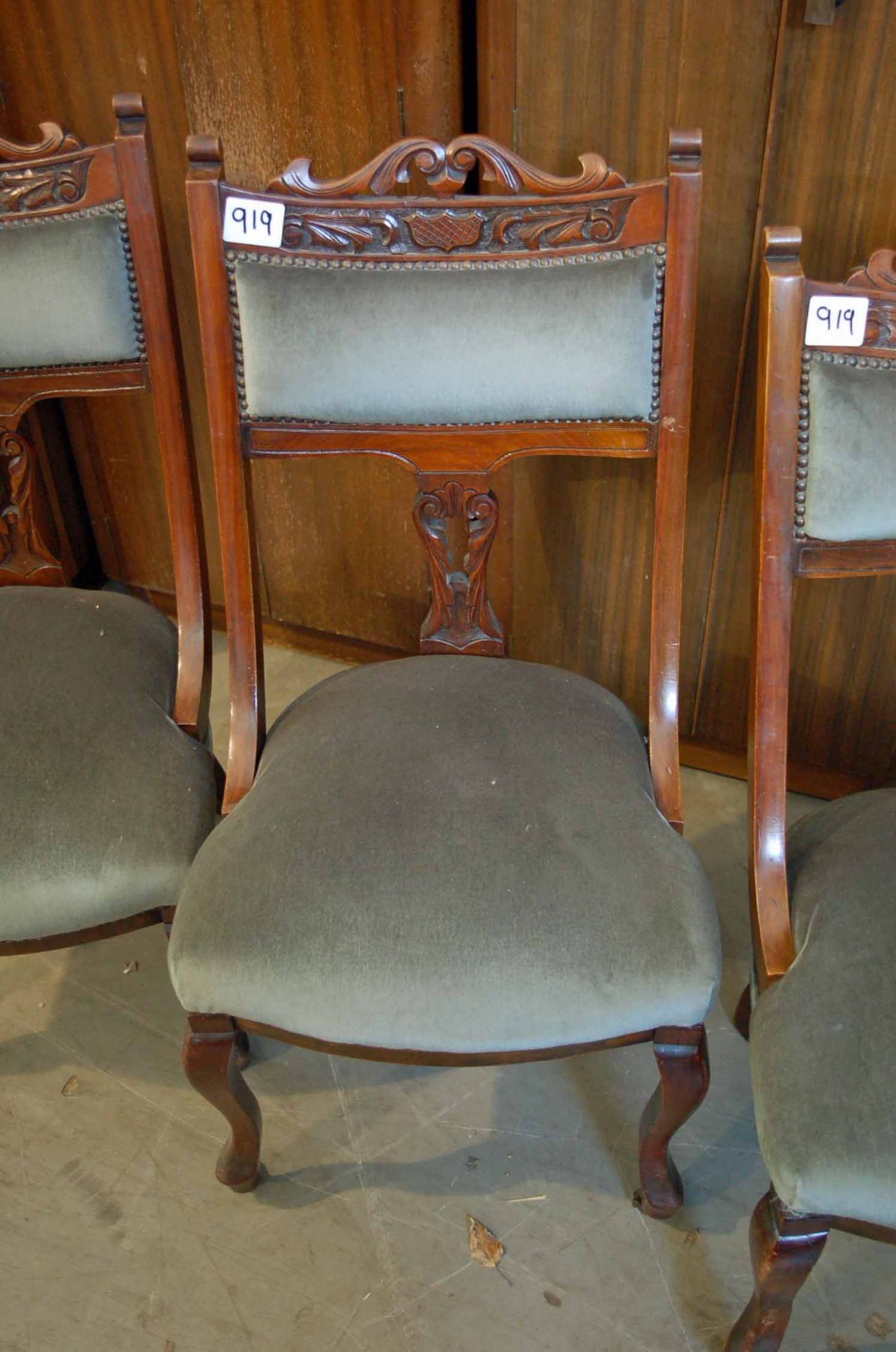 Four Wood Framed Green Velour Upholstered Dining/Visitors Chairs (Three on Castors) - Image 2 of 4