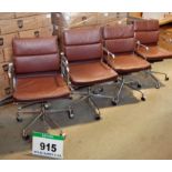 Four Brown Leather Upholstered Chromed Steel Charles Eames Style Gas Lift Armchairs on Castors