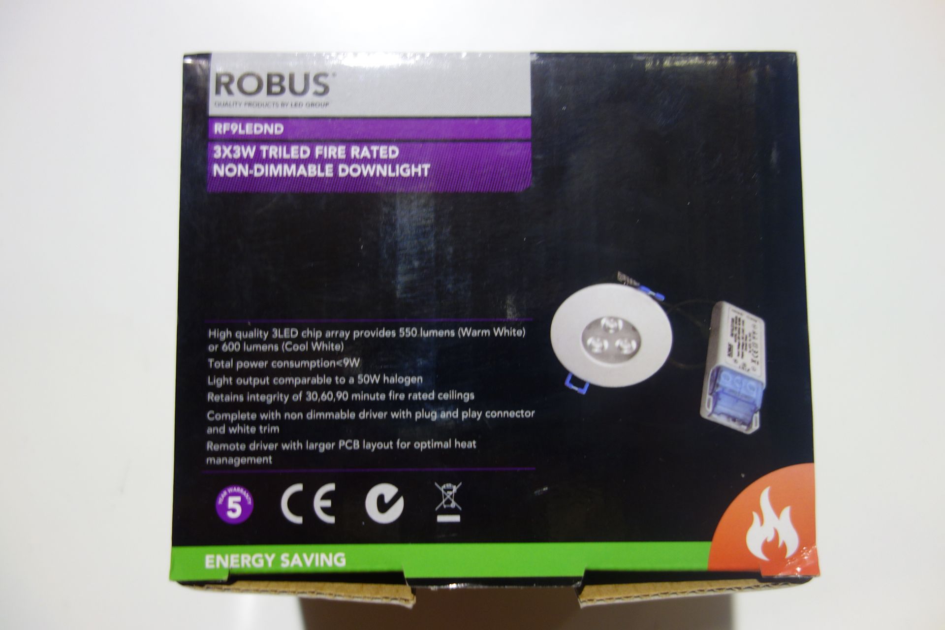 20 X Robus RF9LEDND 3 X 3 W Triled Fire Rated Downlights Non-Dimmable Cool White C/W Driver