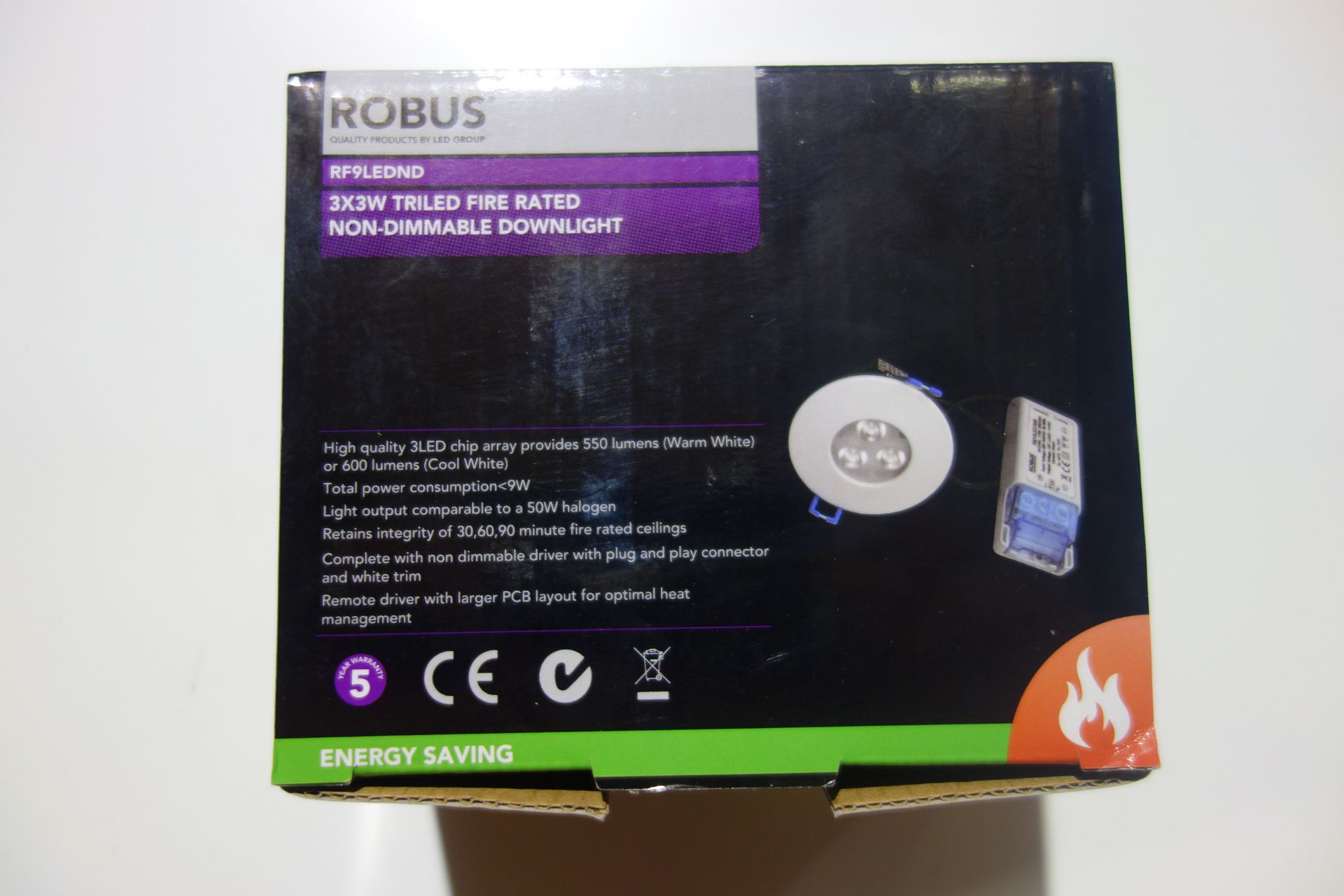 20 X Robus RF9LEDND 3 X 3 W Triled Fire Rated Downlights Non-Dimmable Cool White C/W Driver