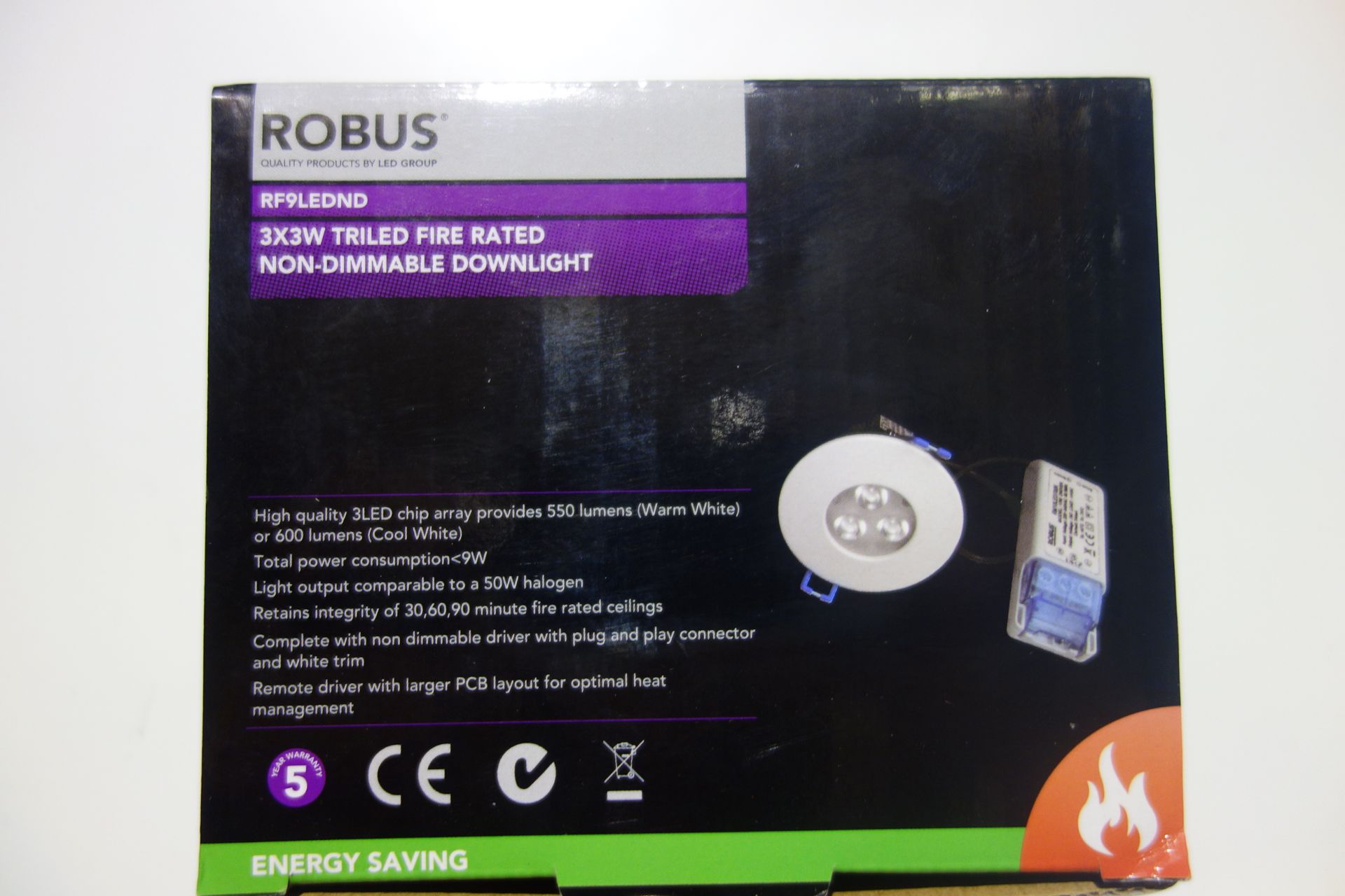 20 X Robus RF9LEDND 3 X 3 W Triled Fire Rated Downlights Non-Dimmable Cool White C/W Driver