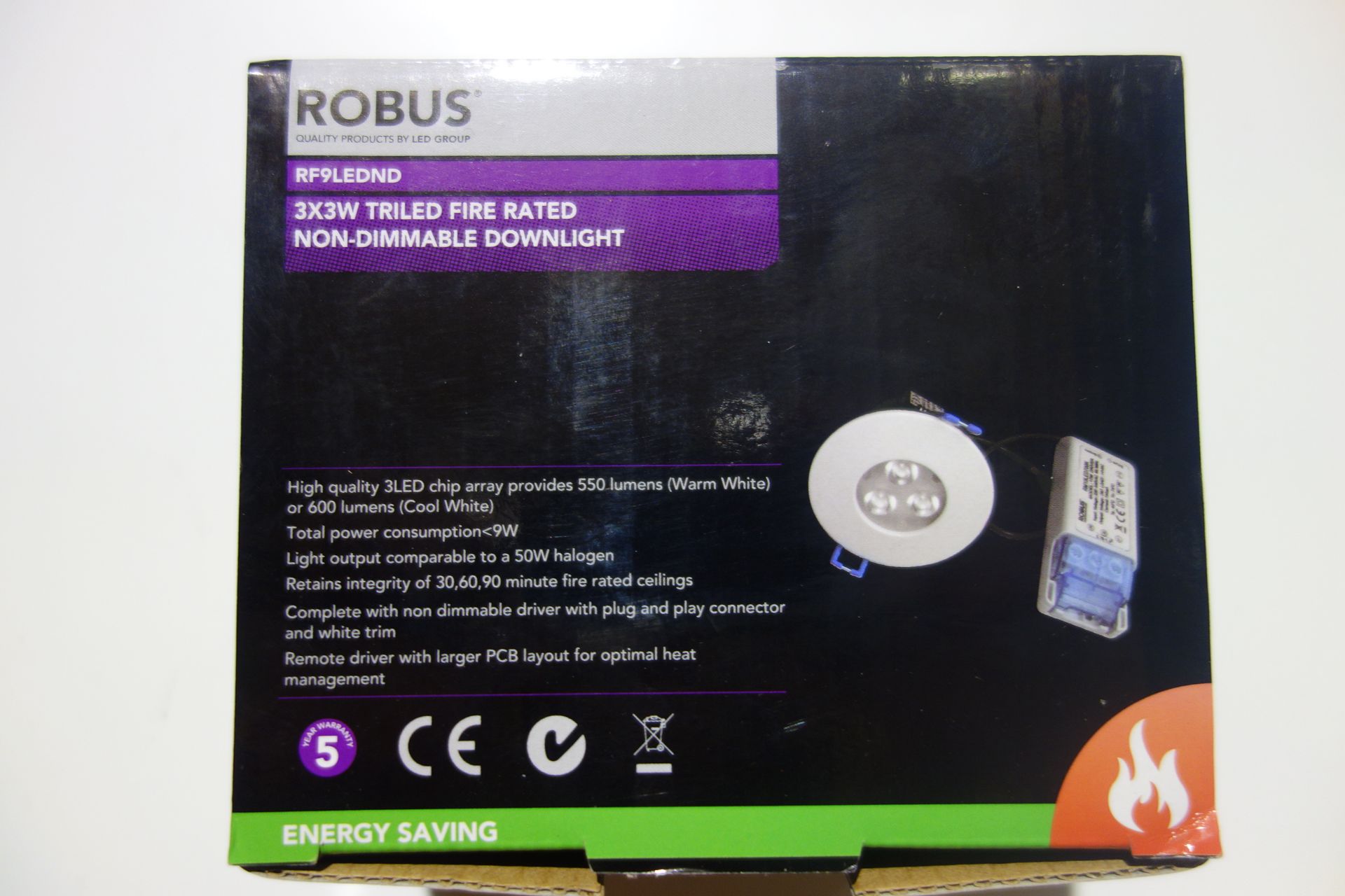 20 X Robus RF9LEDND 3 X 3 W Triled Fire Rated Downlights Non-Dimmable Cool White C/W Driver