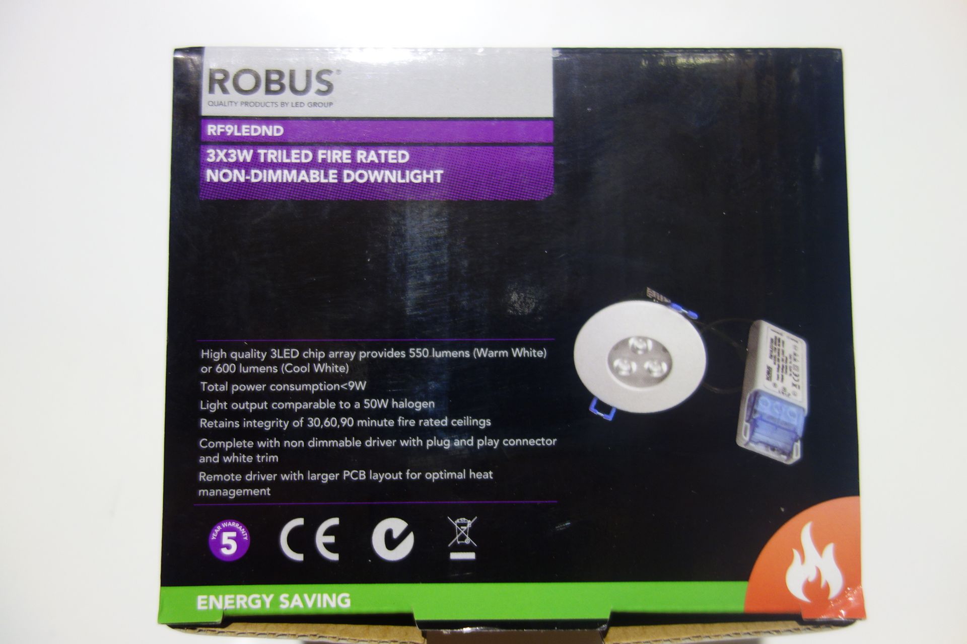 20 X Robus RF9LEDND 3 X 3 W Triled Fire Rated Downlights Non-Dimmable Cool White C/W Driver