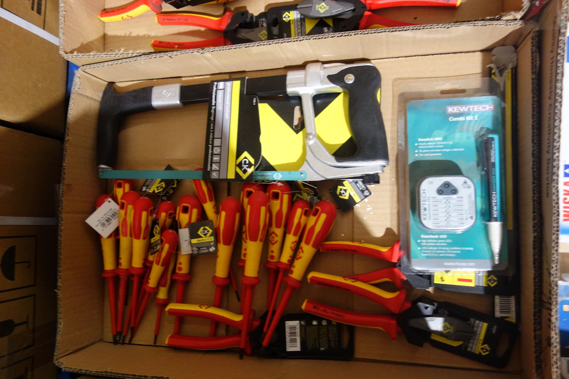 1 X Box Of Mixed Tools INC: Screwdrivers Electrical Testers Hack Saws + More
