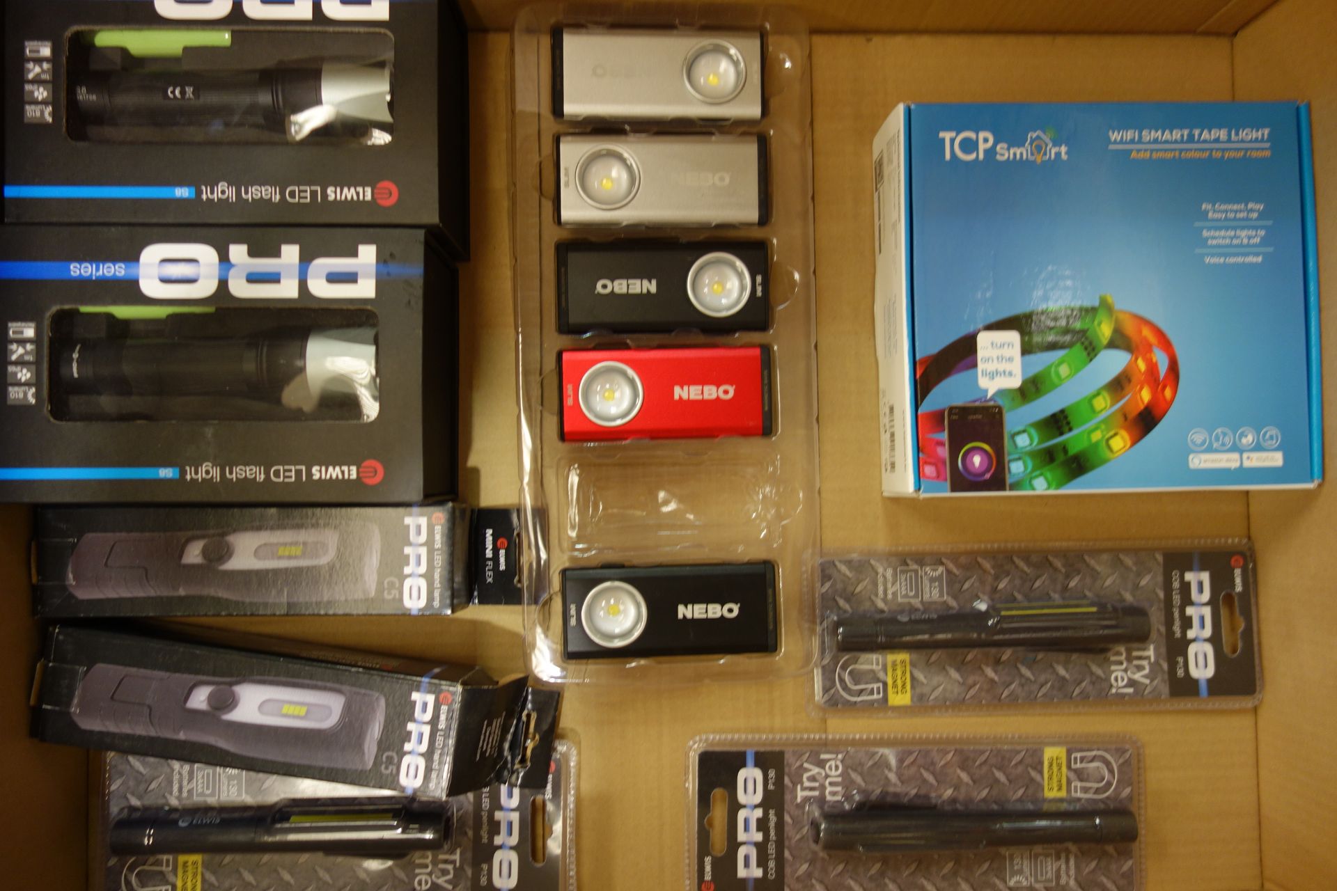 1 X Box Of Mixed Torches All LED, 9 Of Which USB Rechargable Also Wi-Fi Smart Tape Light, Just
