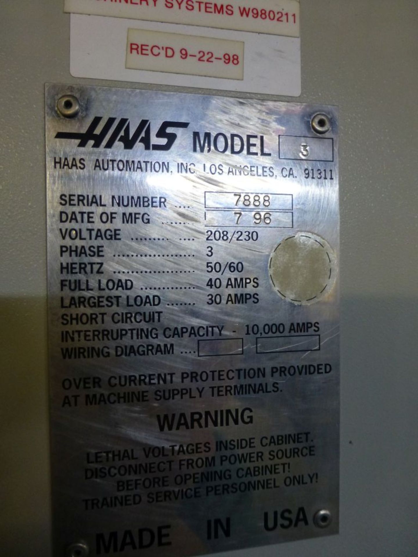 Haas VF-3 CNC Vertical Machining Center; 15 HP High Torque Spindle; Model No. 3; Mfg: 7/96; 208/ - Image 12 of 22