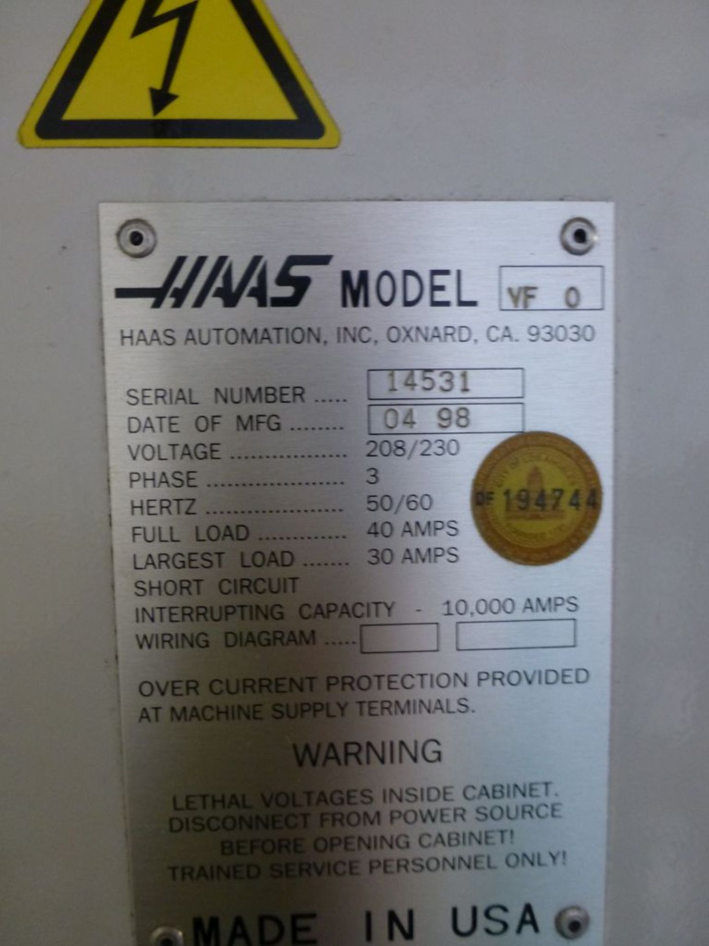 Haas VF-0 CNC Vertical Machining Center; 20 HP High Torque Spindle; Model No. 3; Mfg: 7/96; 208/ - Image 11 of 18