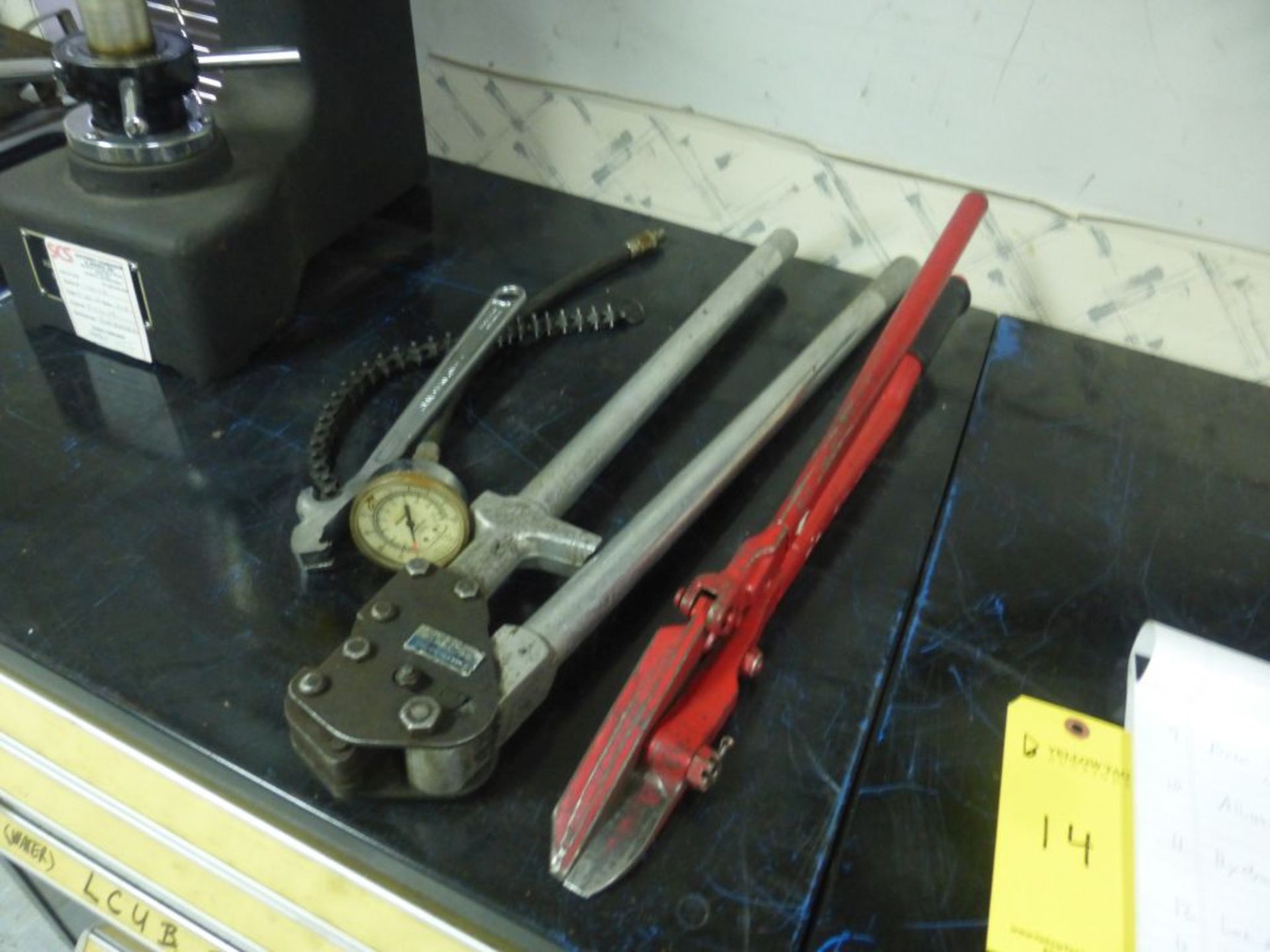 Lot of Assorted Tools|Includes:; Banding Cutter and Crimper; Chain Wrench; Gauge