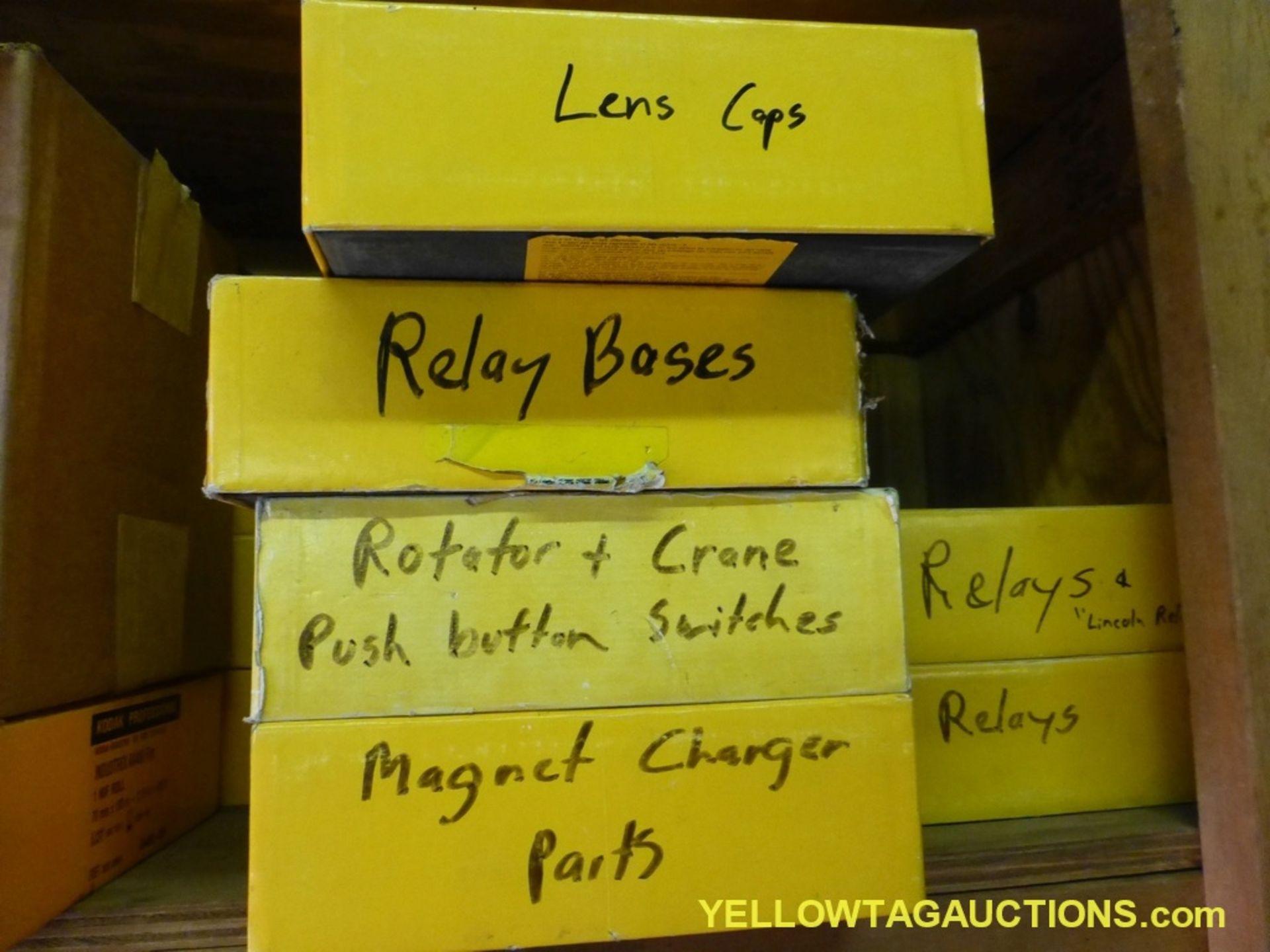 Shelves w/Contents | Includes:; Relay Bases; Magnet Charger Parts; Flashing Red Lights - Image 9 of 24