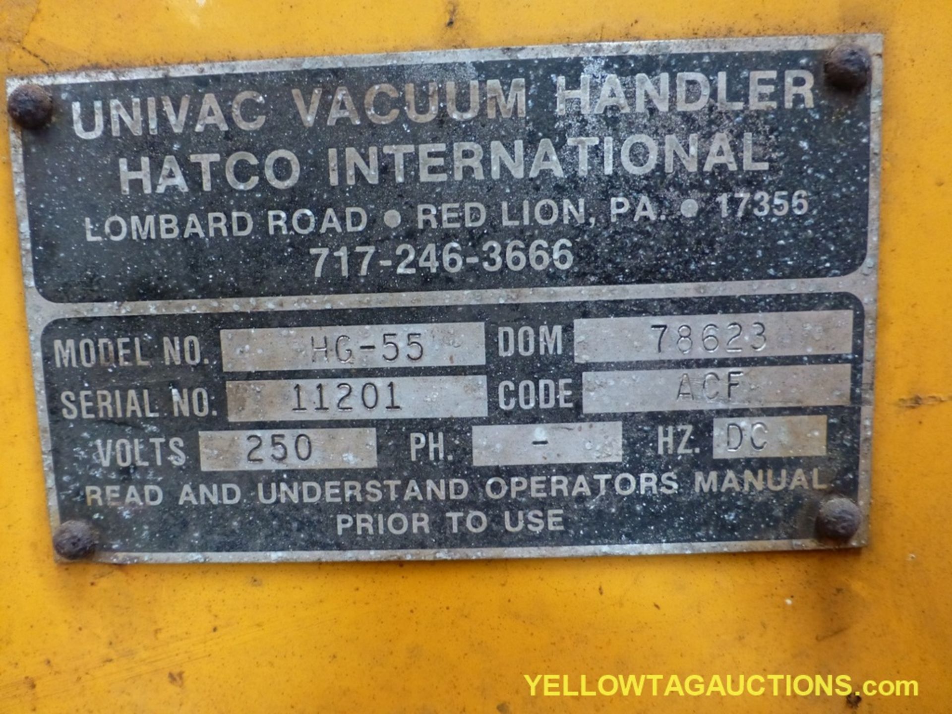 Univac Vacuum Handler | Model No. HG-55; Serial No. 12201; DOM: 78623; 250V - Image 12 of 13