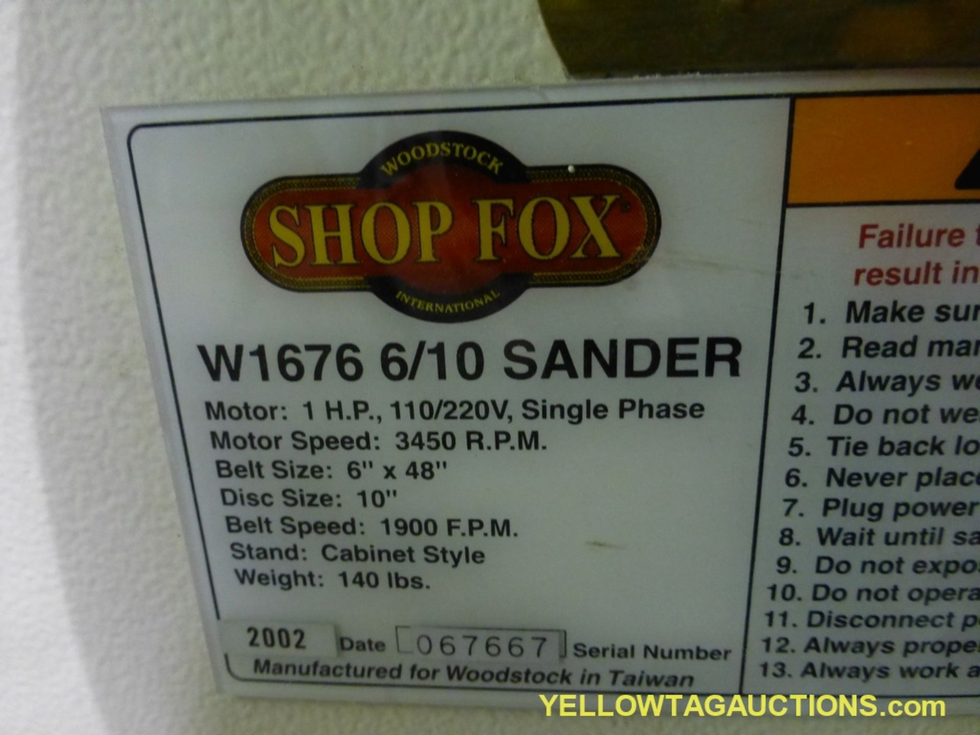 Shop Fox Sander | Model No. W1676 6/10 Sander; 1 HP; 110/220V; 3450 RPM; 1PH; Belt Size: 6" x 48"; D - Image 9 of 9