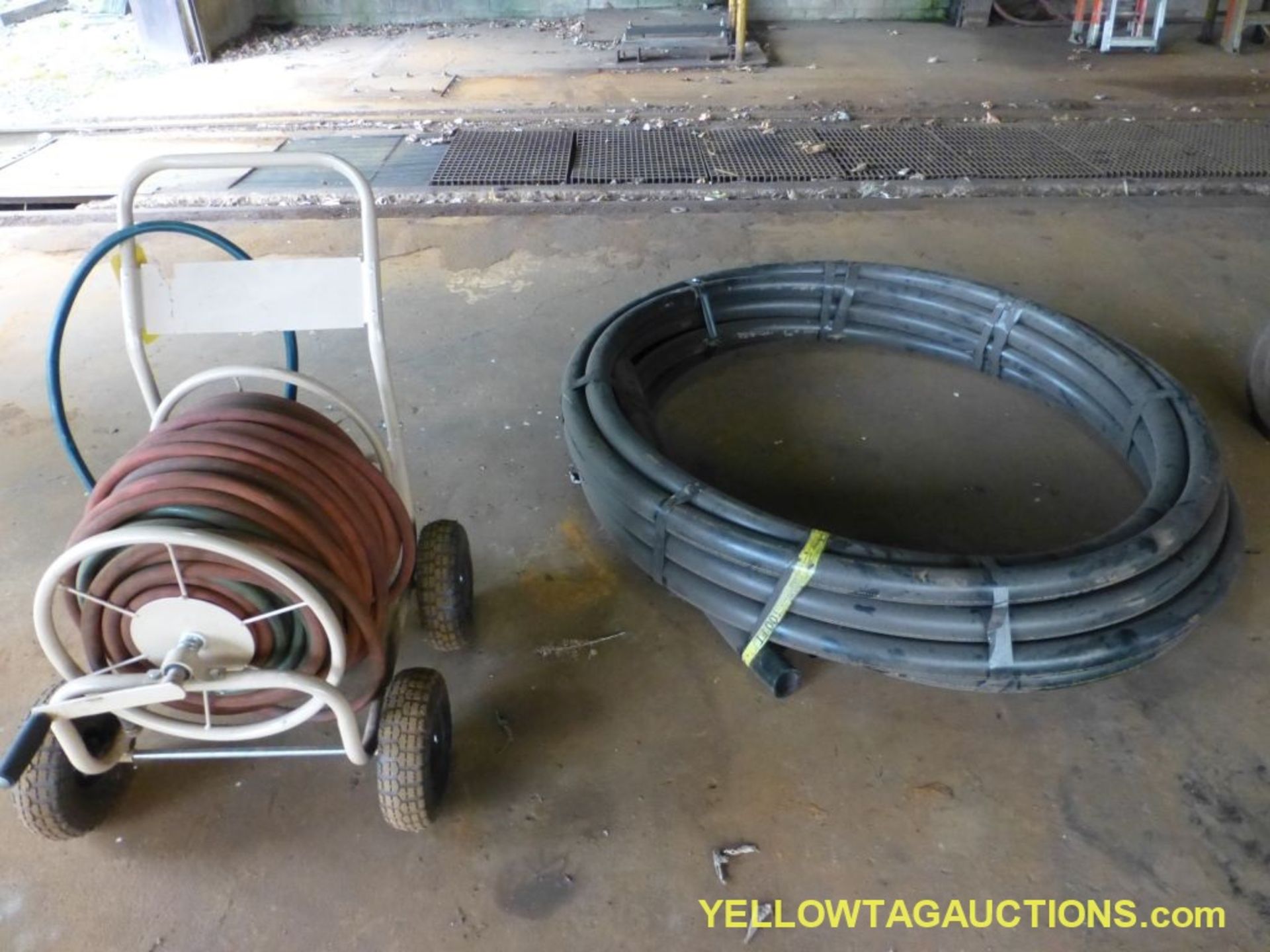Lot of (2) Assorted Hoses and Pipes | (1) Rolling Hose Reel w/Crank and Hose Pipe; (1) Emdopoly Wate