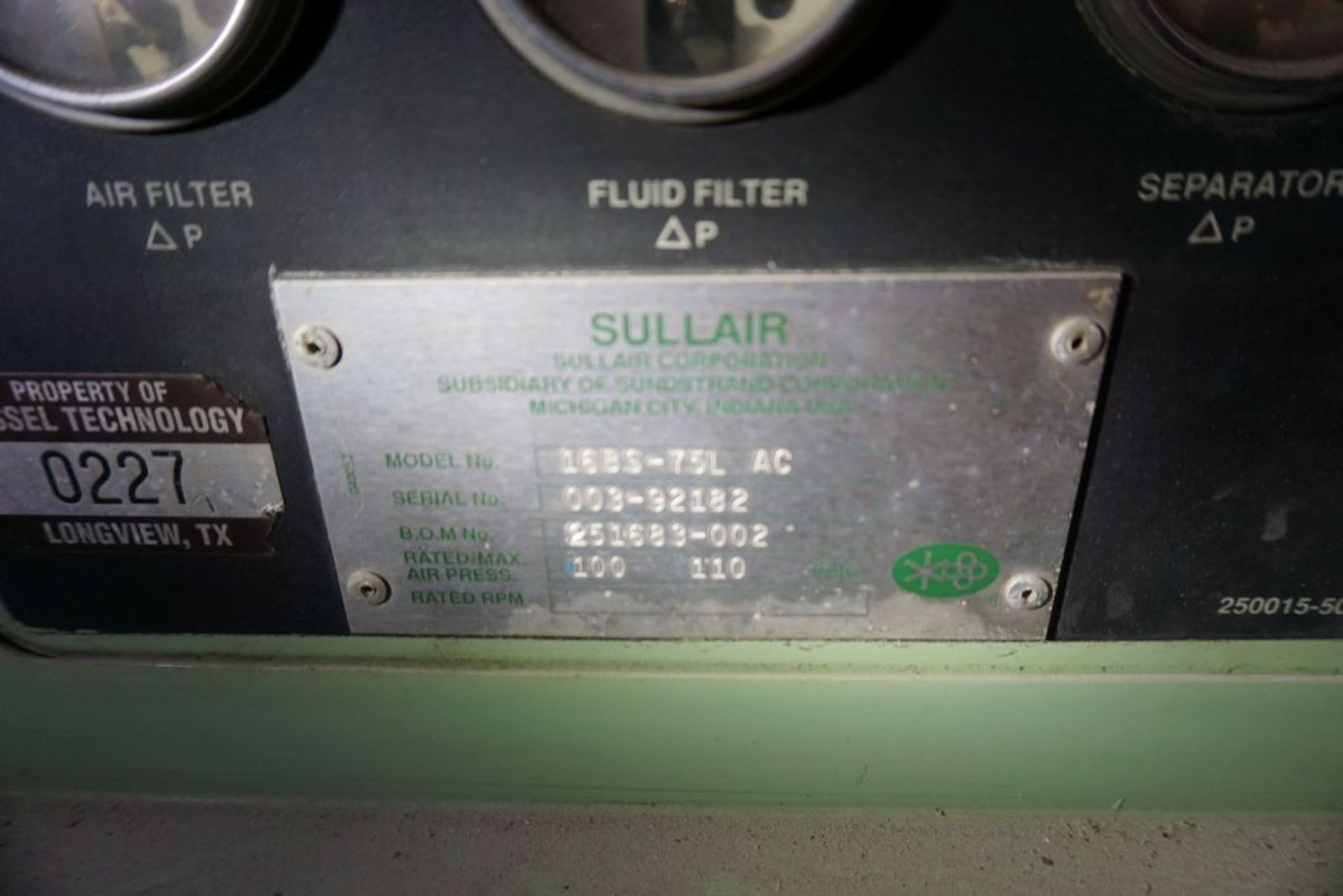 Sullair LS-16 Air Compressor|Model No. 16BS-75L AC; 75 HP; Rated/Max Air Pressure 100/110; 305.1 - Image 10 of 19