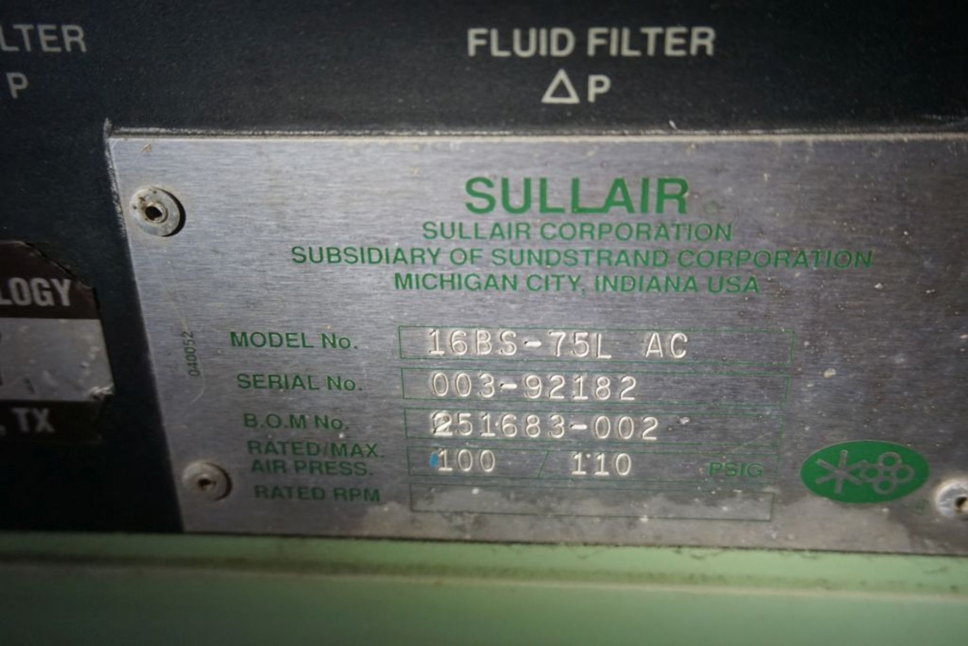 Sullair LS-16 Air Compressor|Model No. 16BS-75L AC; 75 HP; Rated/Max Air Pressure 100/110; 305.1 - Bild 11 aus 19