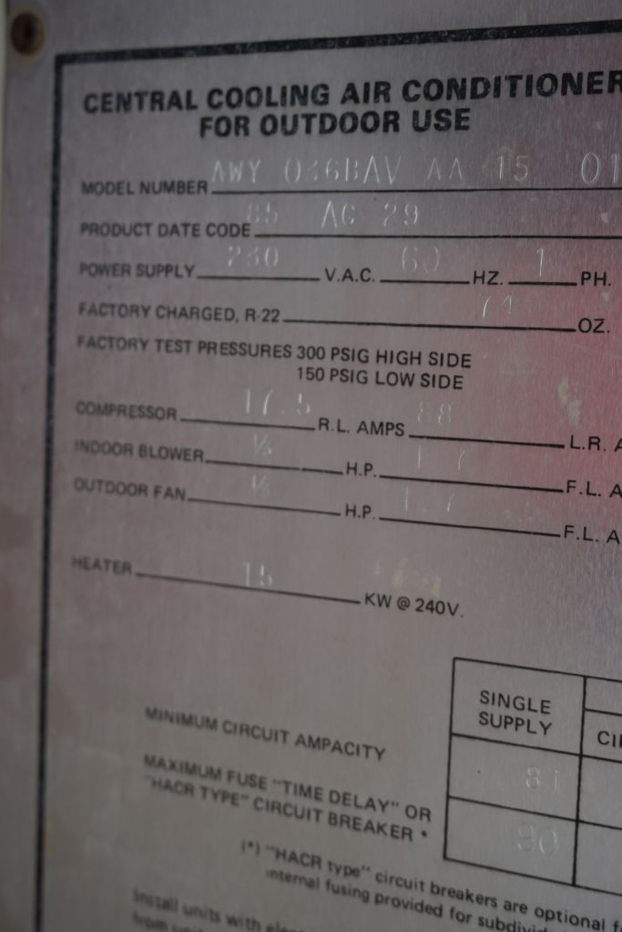 Centrail Cooling Air Conditioner|Model No. AWY 036BAV AA 15 01; 230VAC - Image 9 of 13