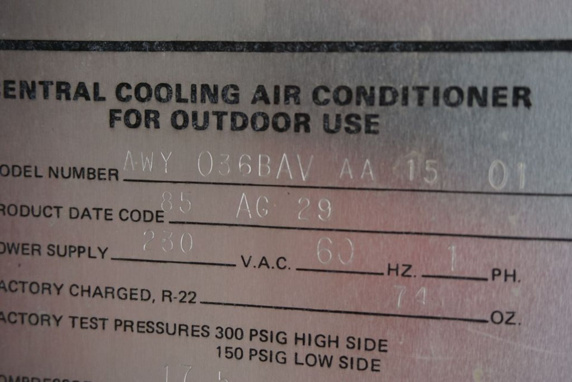 Centrail Cooling Air Conditioner|Model No. AWY 036BAV AA 15 01; 230VAC - Image 11 of 13