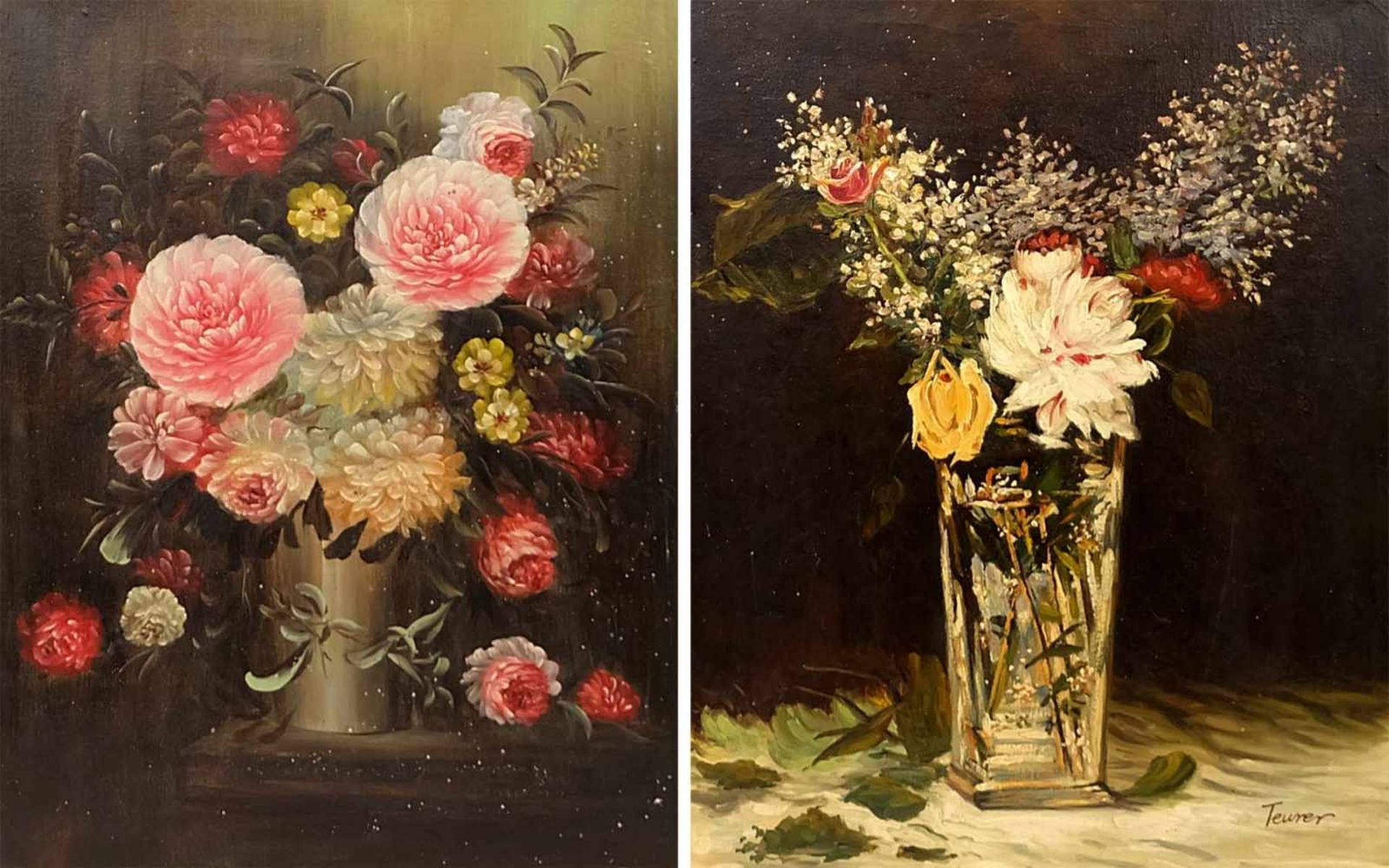 BLUMENSTILLLEBEN, Konvolut von 2, 1x rechts unten sign Teurer, Öl/ Lw., je 50 x40 cm, Goldleiste,