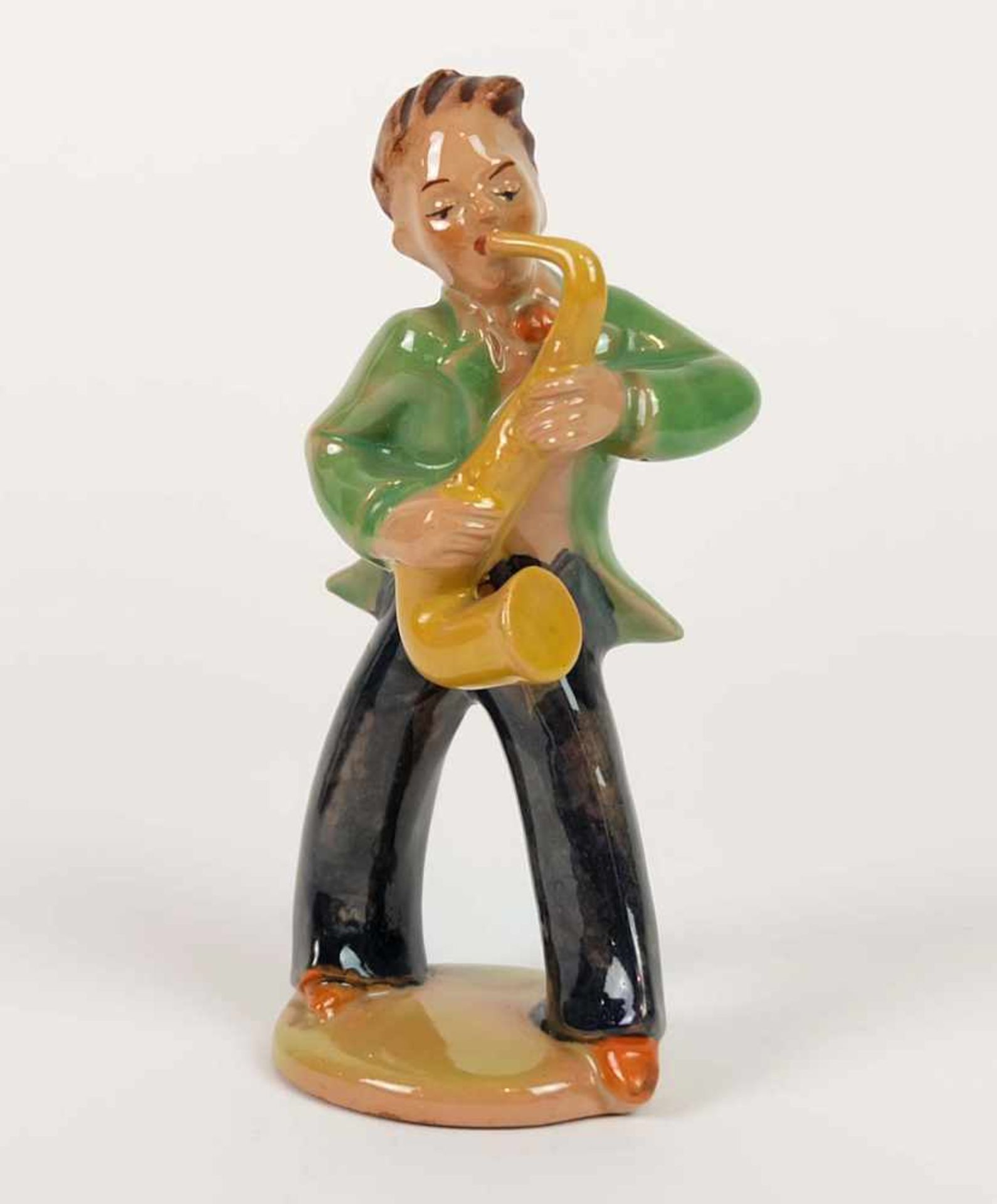 FIGUR, Saxophonspieler, 1930er-Jahre, Keramik, polychromiert, num. 3087, H 14 cm