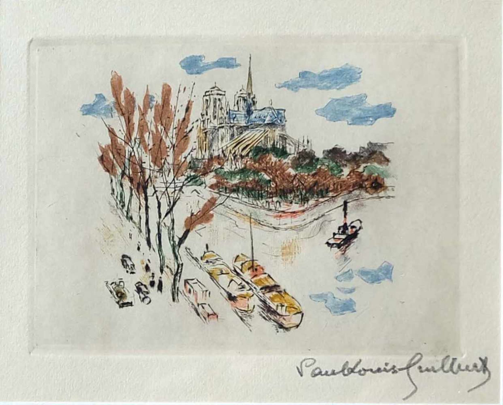 GUILBERT, Paul Louis (*1886 †1952) Farbradierung, Blick auf Notre Dame, rechts unten sign, 9,3 x