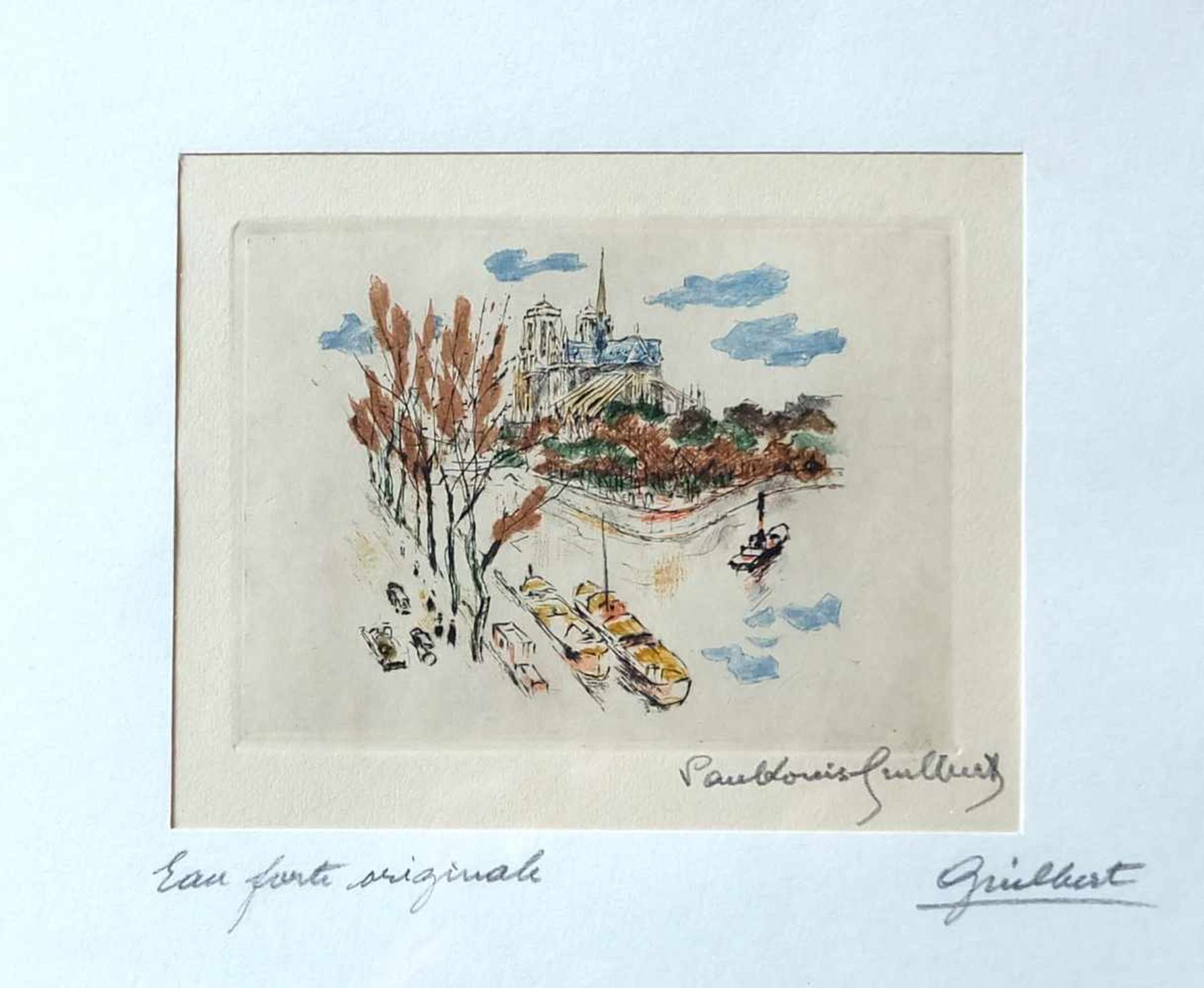 GUILBERT, Paul Louis (*1886 †1952) Farbradierung, Blick auf Notre Dame, rechts unten sign, 9,3 x - Bild 2 aus 2